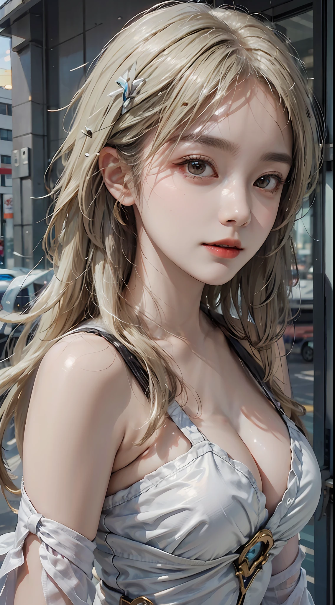 1girl, photo-realistic, best quality, 8k, RAW photo, intricate details, photorealistic, beautiful detailed eyes, very cute,luminedef, large eyes, light-blonde hair,slim girl,bangs over the eyes,near the glass building,street japan,sunset, (looking at viewer:0.5)