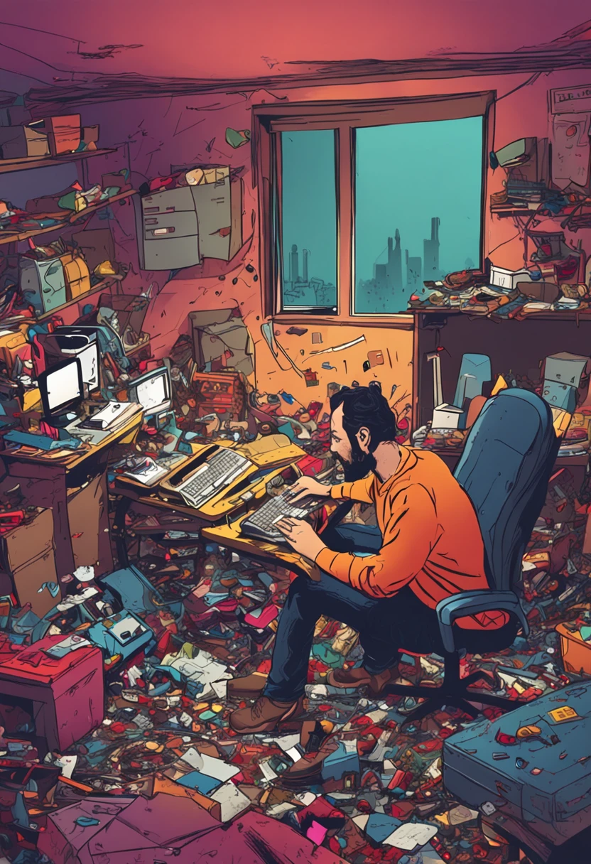 Man playing on the computer in a very messy room