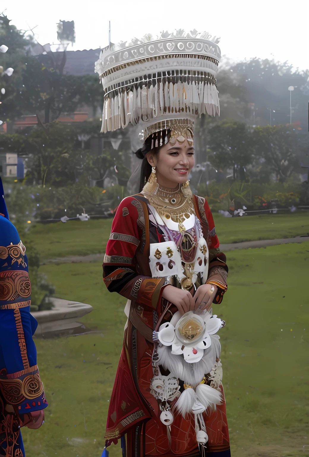 Face the lens,ssmile,photorealestic,delicate accessories,exquisite costumes,Rich background,the street
