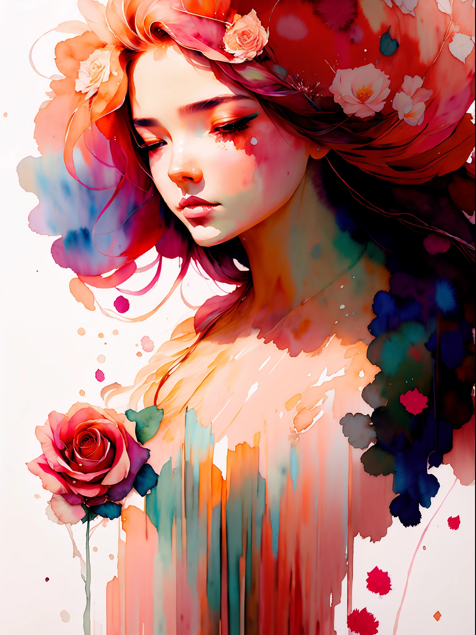 wtrcolor style, (rose) digital art, official art, blown by the wind, masterpiece, beautiful, ((watercolor)), paint splatter, intricate detail. Great detail, [dripping:0.7], Trending on Artstation, Rachel Walker