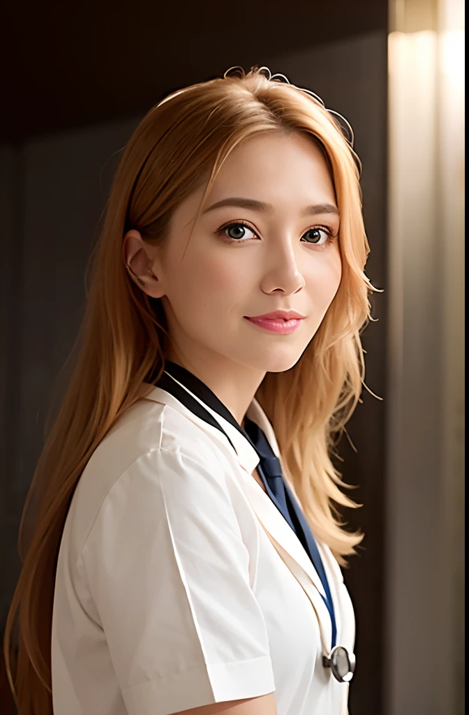 shopping mall, long blonde hair, brown eyes, 1girl, doctor, Stethoscope on neck, smile, innocent, 100mm lens, (photorealistic, lens flare:1.4), look at viewer, (shiny skin), as doctor, uniform, (intricate details:1.2),(masterpiece, :1.3),(best quality:1.4), (ultra highres:1.2), ultra high res, (detailed eyes), (detailed facial features), HDR, 8k resolution, (Stethoscope), far view, reflections on floor, open cloth