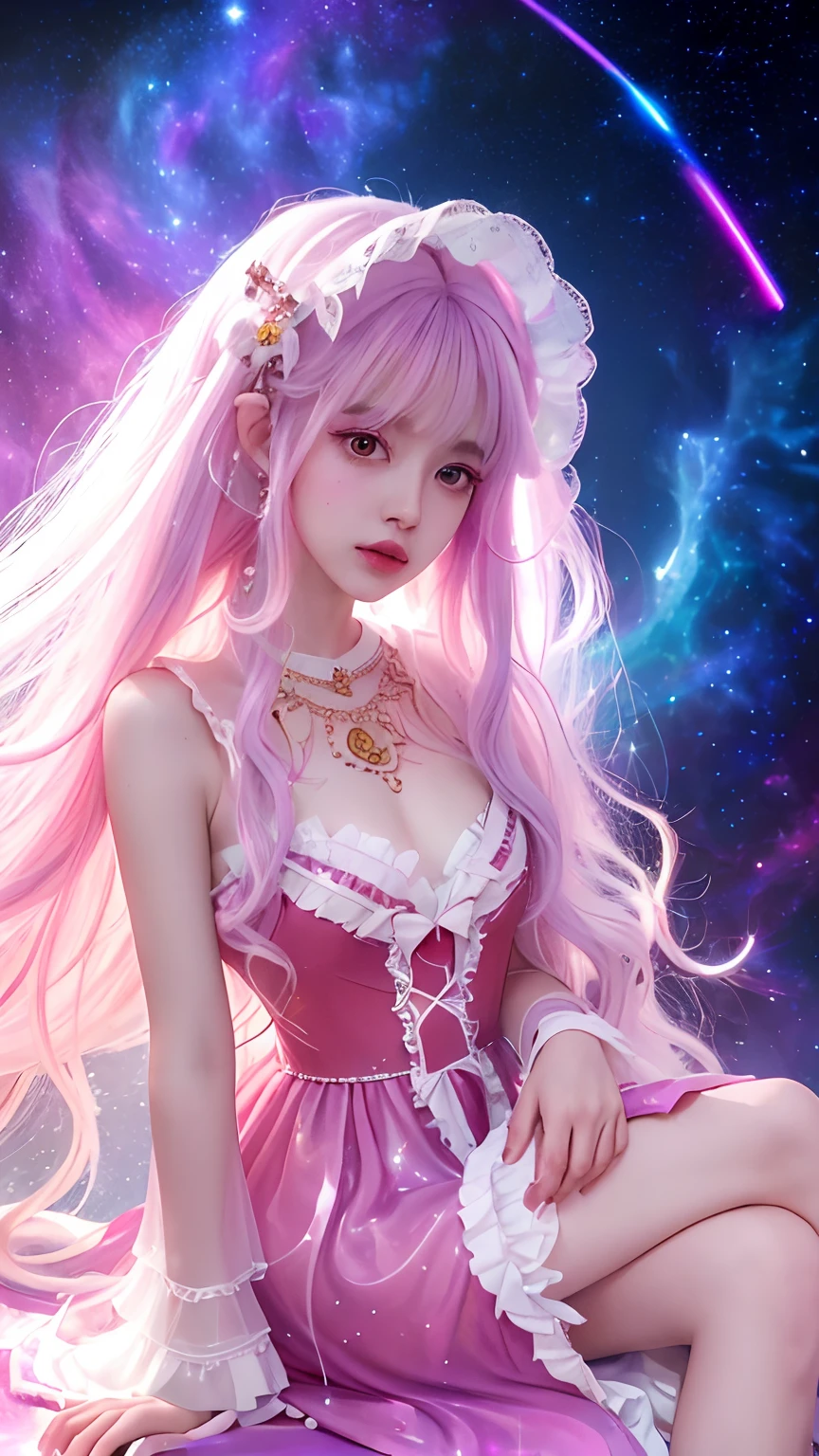 4K Ultra HD, Masterpiece, A girl with a magical aura, Good face, Long hair, shinny hair, Detailed eyes, Glossy lips, Wearing a red ta costume, The aura around the body, Magical effect, Spread white light, Cosmic elements and ethereal atmosphere, A mix of bright lights and colorful nebulae, universe background, Sitting, Full body capture.