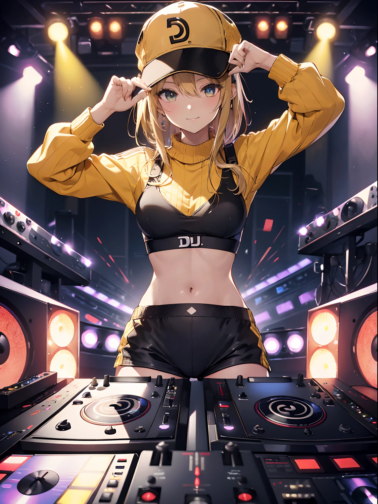 absurderes,(masterpiece、top-quality、8K ),intricate detailes,ultra-detailliert、one girls、grinning 、(gals:1.4)、((DJ:1.5)),(a blond:1.3),((skin tanned:1.4)),(Black Sports Bra、Yellow jumper,Cool Cap Hat:1.3),(Live Stage:1.3),(turntable、Mixing Machine、Sampling Machine、Rhythm Box、mixer,synthesizer、monitors:1.2),Stage Live Background、Spotlight from behind、Hyper realistic,Perfect Anatomy