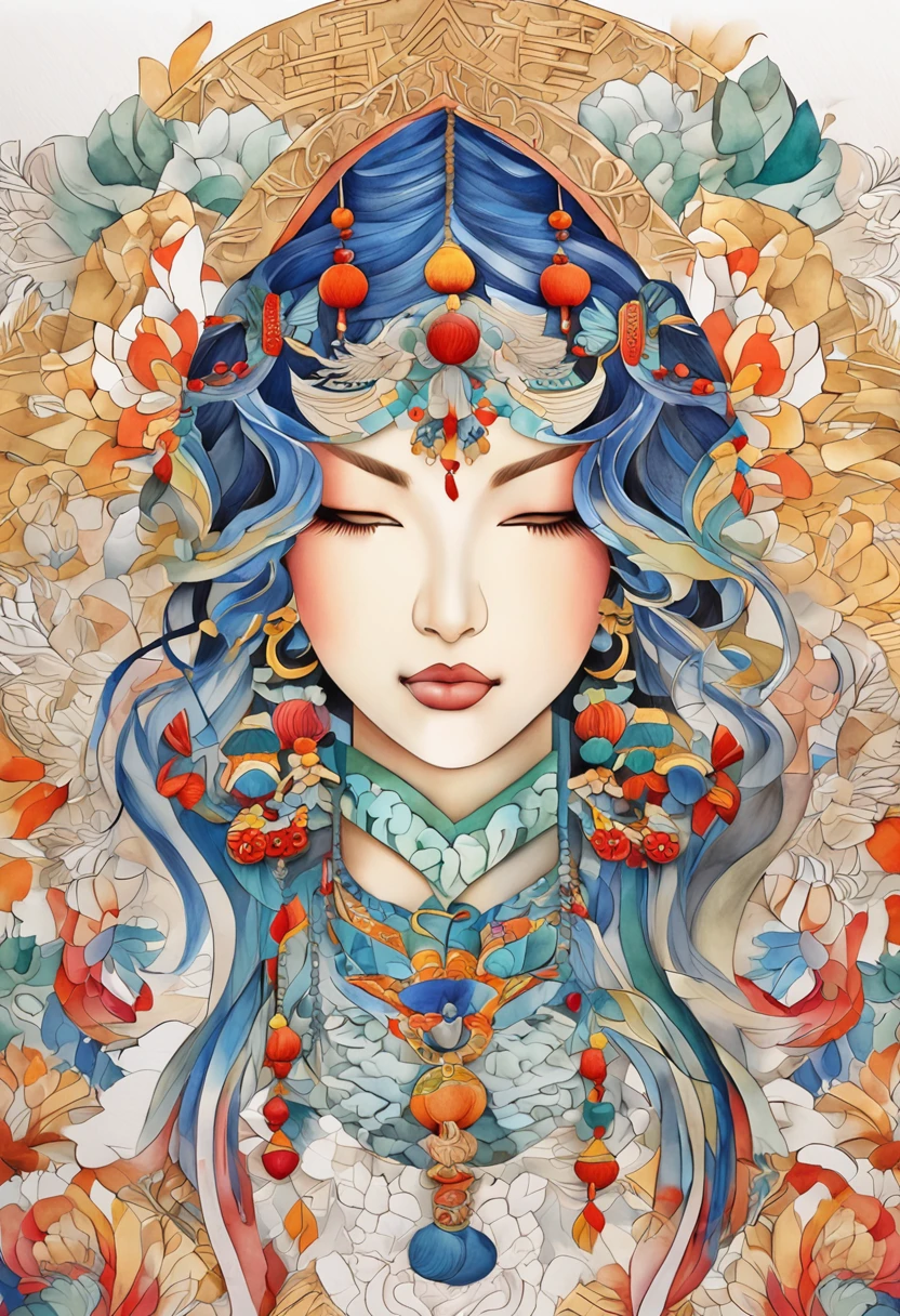 (White background:1.4),(Silhouette of a girl's head, Eyes closed, Colorful long hair, Oriental elements)，(Chinese Illustration:1.3，paper art:1.3, Quilted Paper Art:1.2),( Reasonable design, Clear lines, High Sharpness,Best Quality, Very detailed, masutepiece, Movie Light Effects, 4K )