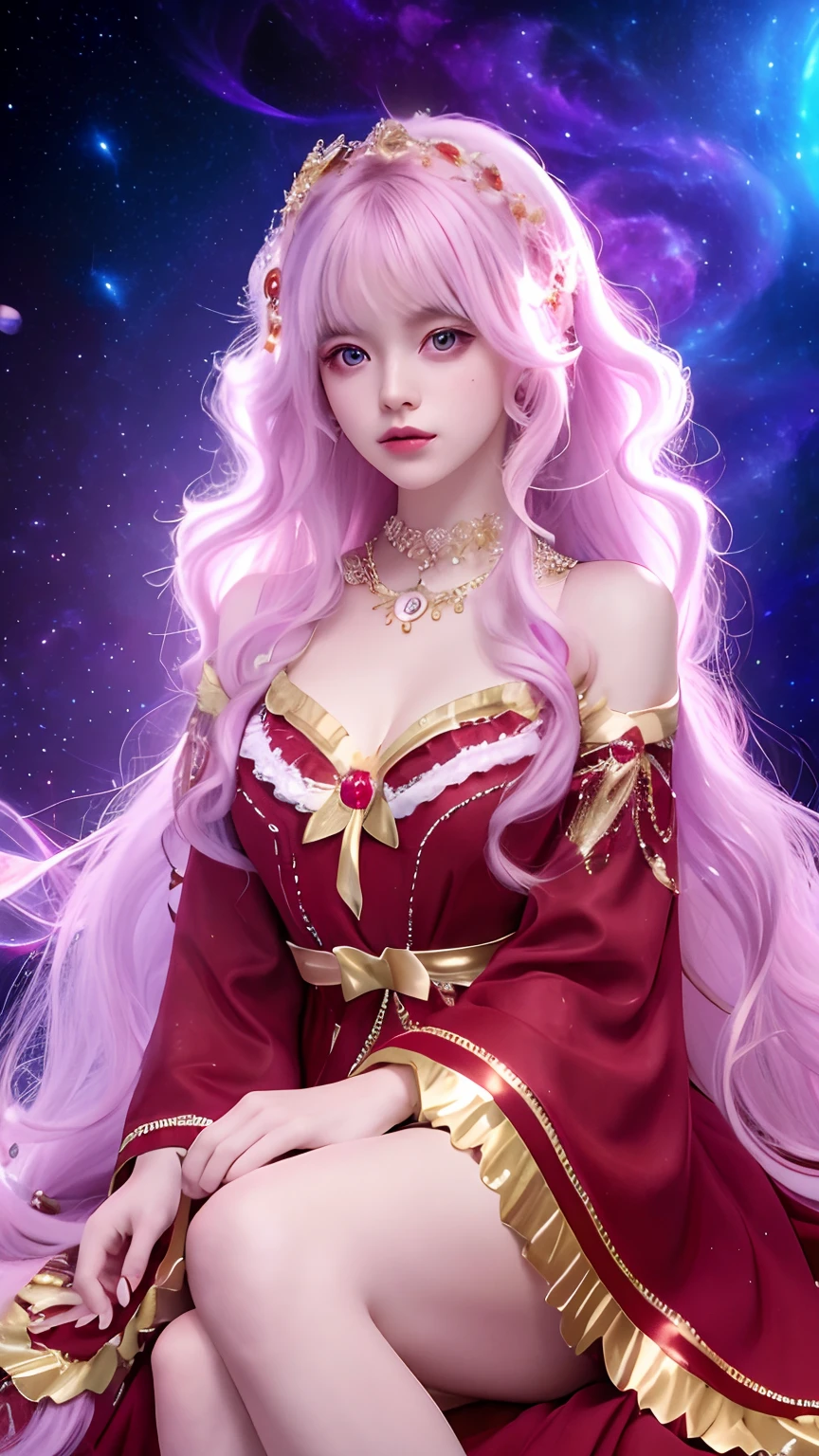 4K Ultra HD, Masterpiece, A girl with a magical aura, Good face, Long hair, shinny hair, Detailed eyes, Glossy lips, Wearing a red Lolita costume, The aura around the body, Magical effect, Spread white light, Cosmic elements and ethereal atmosphere, A mix of bright lights and colorful nebulae, universe background, Sitting, Full body capture.