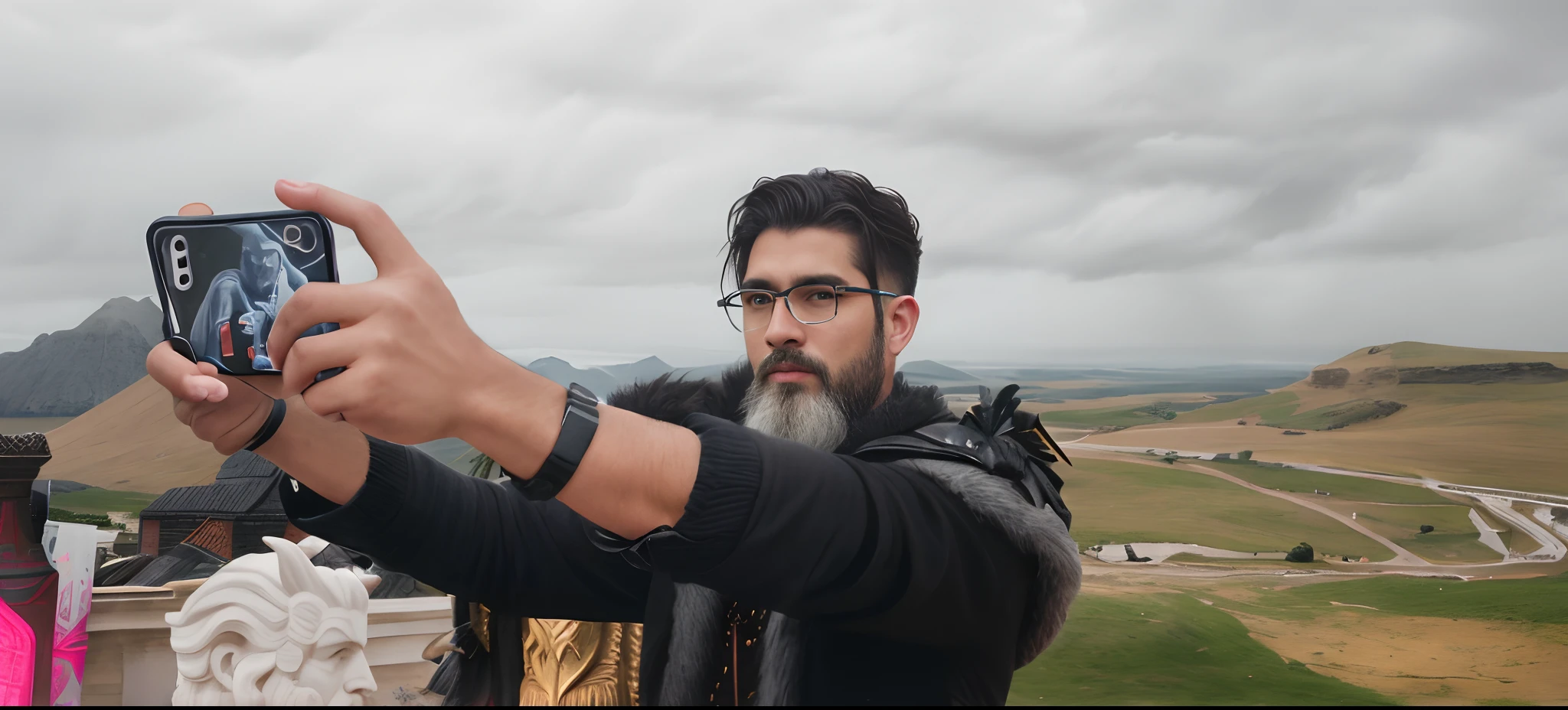 A man taking a selfie with a mobile phone in his hand, furious god Zeus, god of thunder, god of thunder, epic scene of Zeus, Epic fantasy character art, the god zeus, black thor, Godrays digital painting, painted portrait of rugged zeus, fit male demon with white horns, Norse gods, storm egyptian god