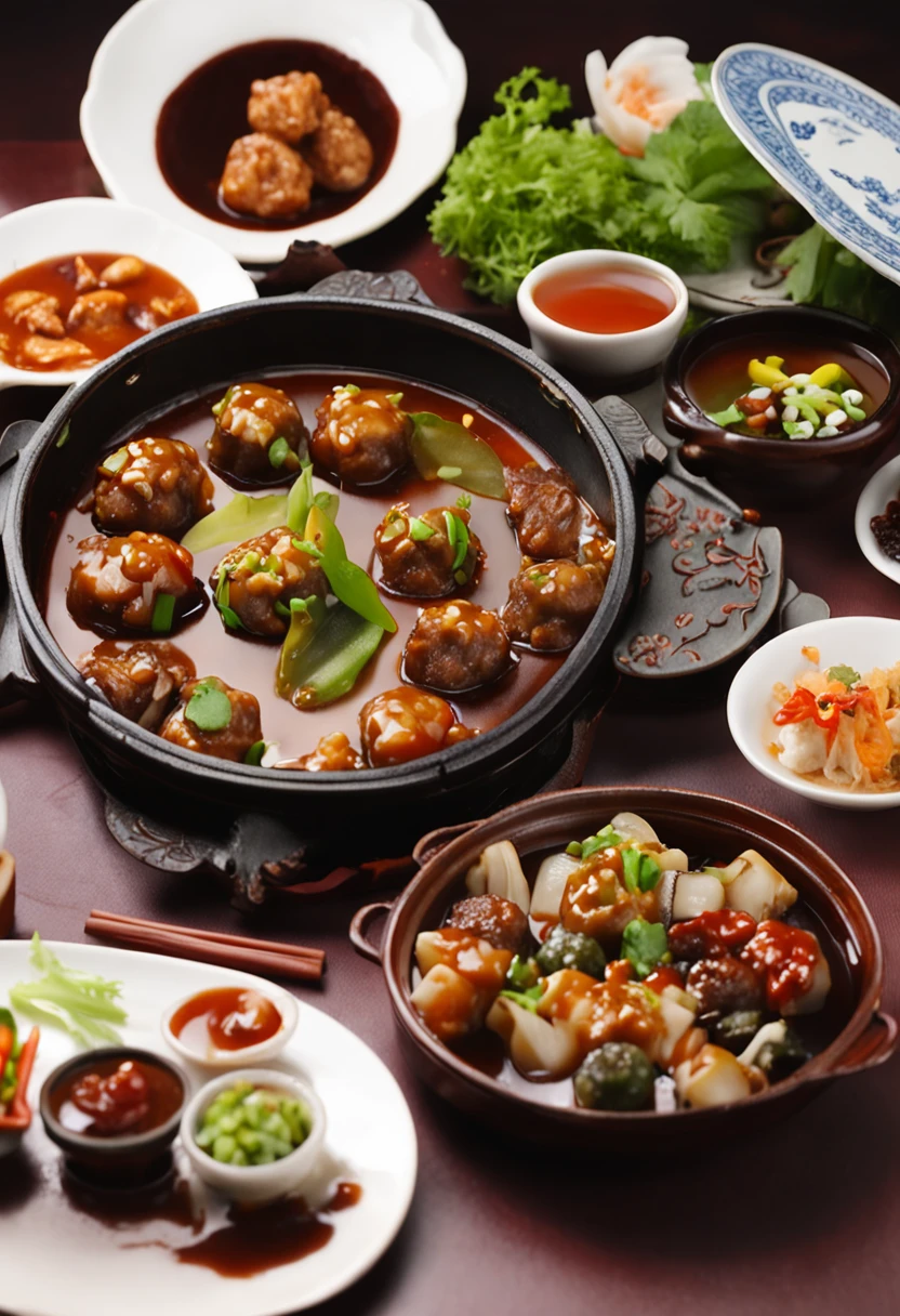 There is a plate of Shiki balls,Top with sauce and vegetables, in style of pan ren wei, daoshu, delicacy, sichuan, Wang Chen, in style of ruan jia, qiangshu, Shiki Maruko, shogakukan, shaxi, kakejiku, Chinese