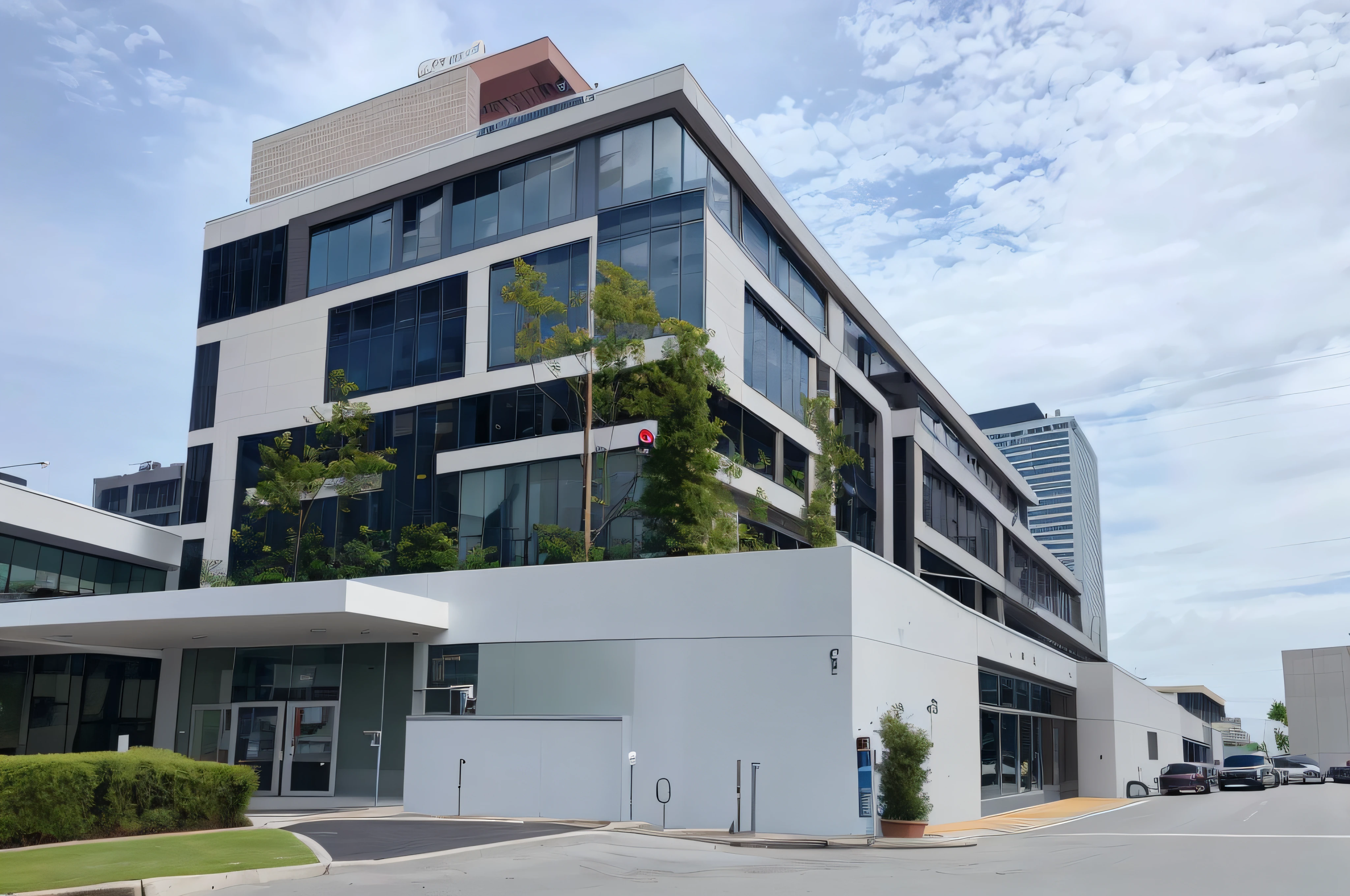 There is a building，Parking in front, Office building, modern technology building, medical research facility, Vibrant and dynamic, exterior wide shot, high-quality picture, Reality Photos, modern high sharpness photo, arhitectural shot, wide angle photo, commercial photograph, endless empty office building, high res photograph, high detail photo，f/8.0，8K, Super detail, ccurate, Best quality，Blue sky，baiyun，Modern sports car，Traffic