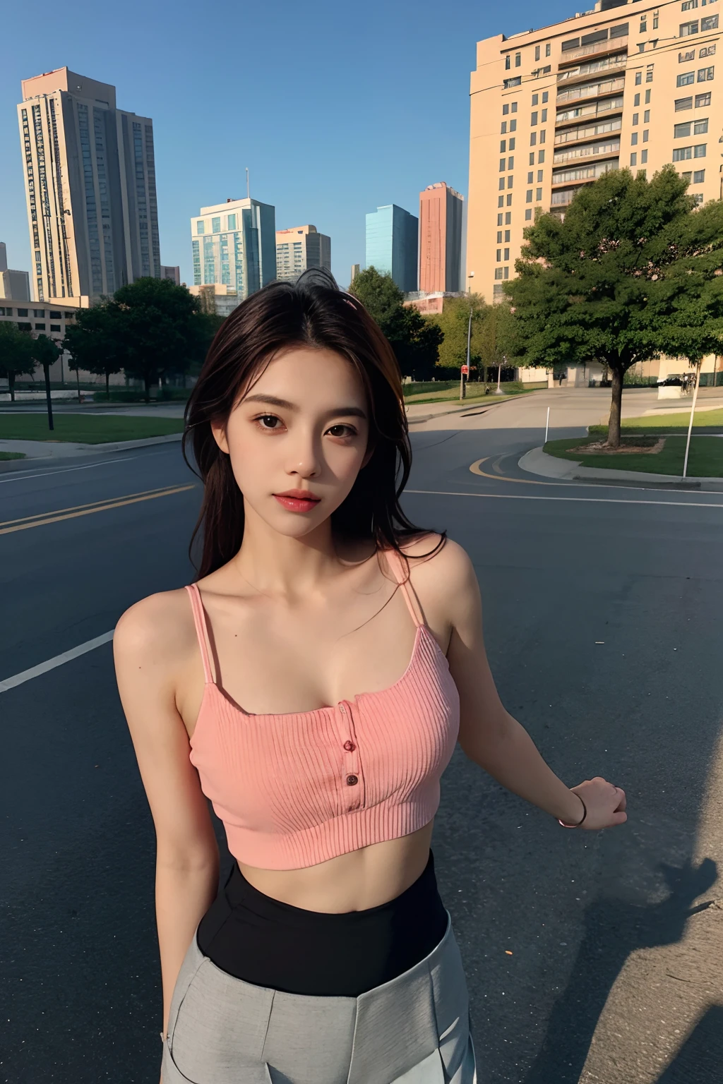 ((Best quality, 8k, Masterpiece :1.3)), 1girl, Pretty woman with slender abs, (Long hair, Ultra-detailed face, Detailed eyes, Double eyelid), small breast, pink tank top, shorts jeans, dynamic lighting, depth of field, model pose, people crossing in background