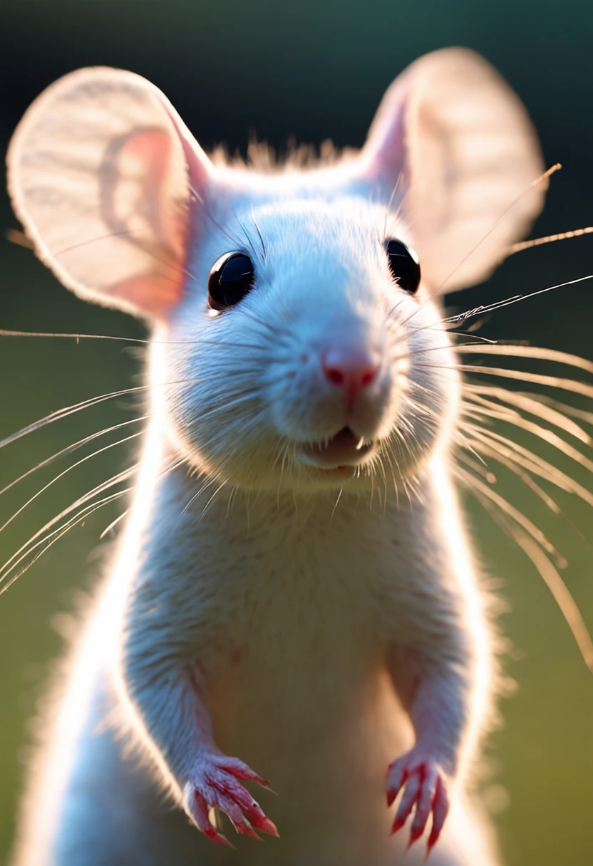 The rat is small and cute, with a white coat soft as cotton. His eyes are big and bright, conveying a charming sweetness and innocence. Their ears are long and droopy, giving it a lovely look. O coelhinho tem um focinho rosado e pequenas patinhas que se movem de maneira delicada. His fur is so soft that it makes you want to stroke it. He always seems to have a friendly, curious expression on his face. His presence brings a comforting and affectionate feeling. With its charming appearance, o coelhinho branco fofinho cativa a todos e traz alegria para qualquer ambiente.