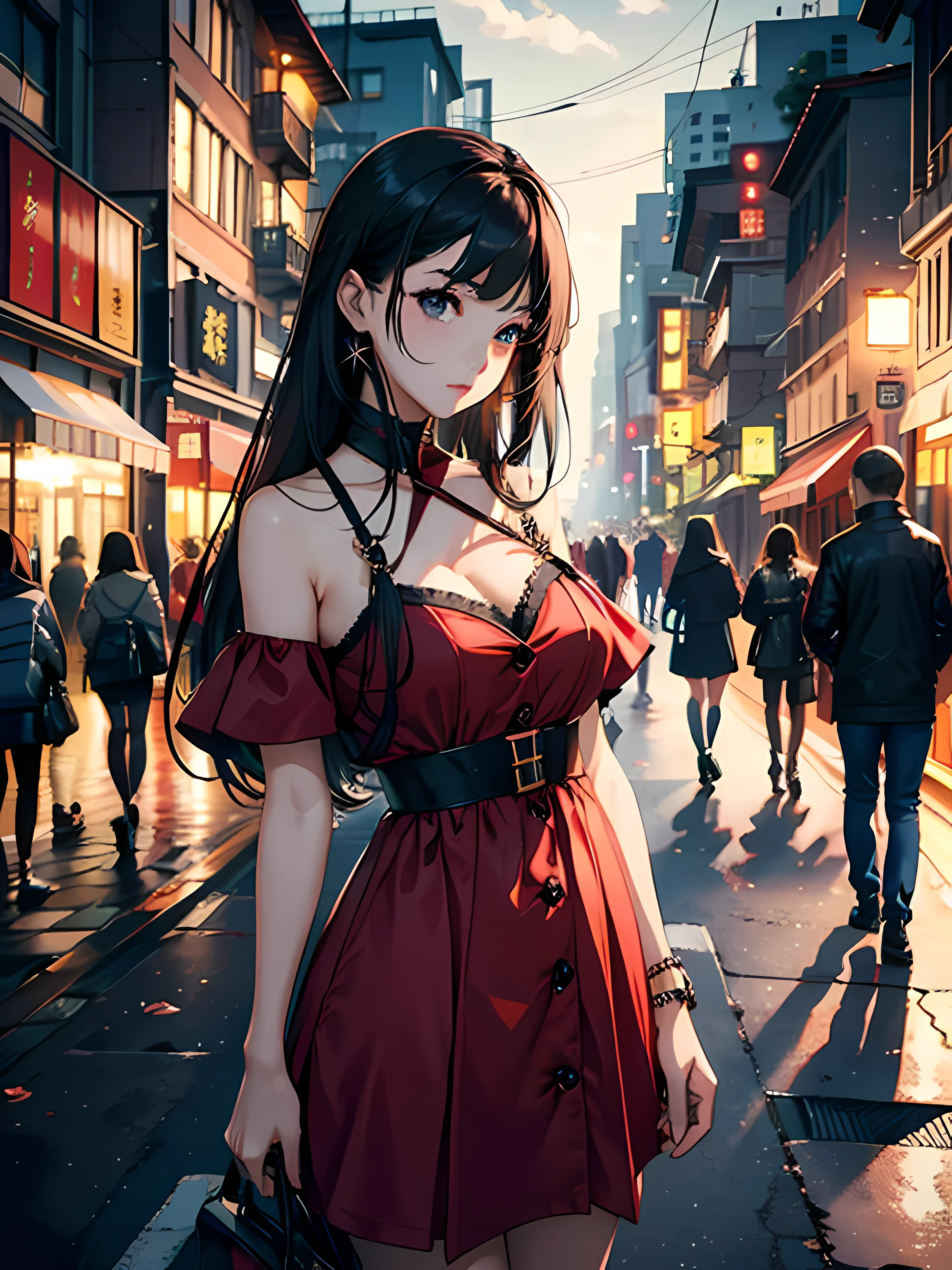 femele,Kizi,a beauty girl,goddes,solo person,Hair over the shoulder,brunette color hair,Summer dress,the night,street,cyber punk perssonage,Best image quality,Works of masters,Higher quality,high detal,超高分辨率,8K分辨率,exquisite facial features,s the perfect face
