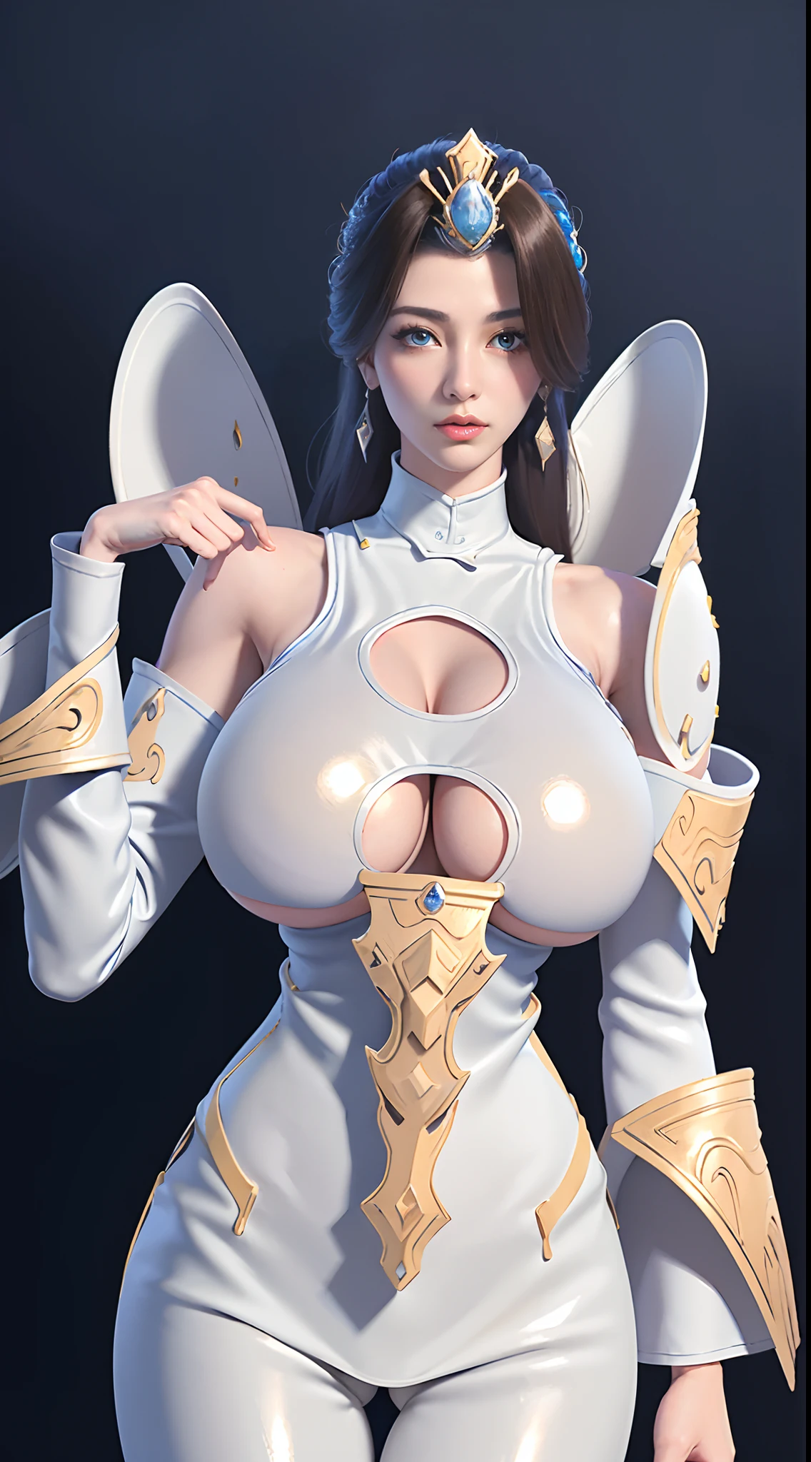 Best Quality,(beauty), 1girl,phisically-based render ,ultra highres,(cowboy shot:1.5),narrow waist, skinny, LeonaMS ,(huge round boobs:1.5),muscular, big blue eyes,long legs,jeans,leather belt,small breasts,puffy eyes, leather belt,(rainy city), shiny skin, facing viewer, Victory posture,