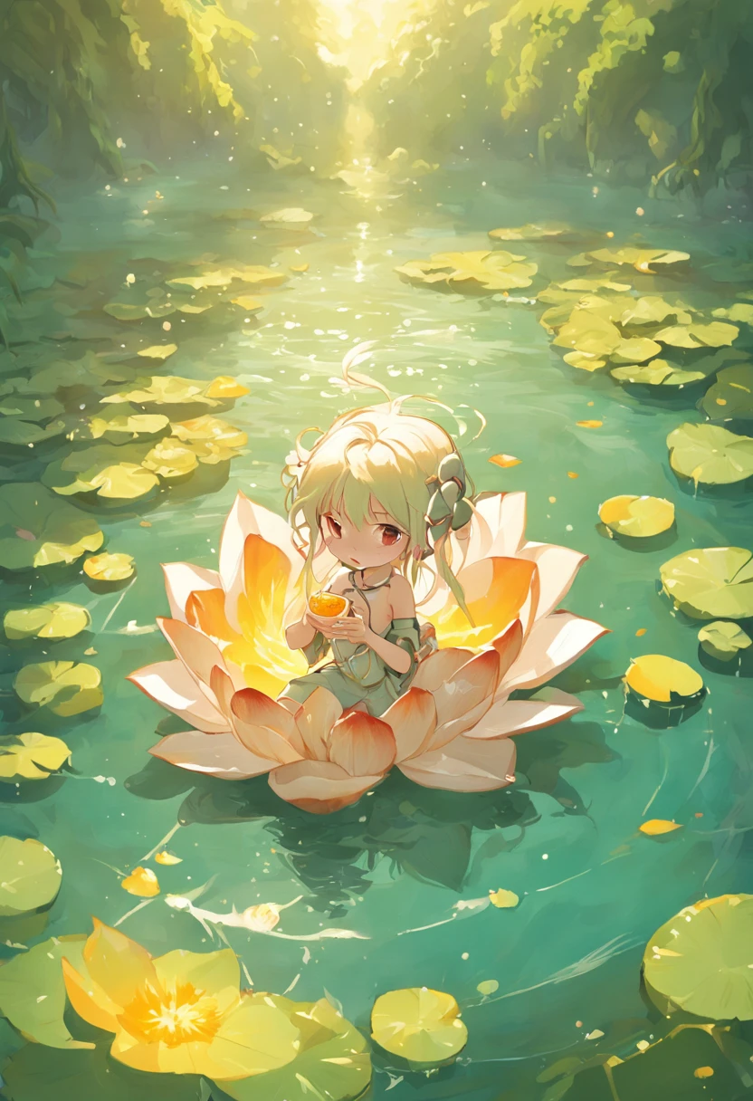 In a lotus pond、Lotus around、A frog lies in a swimming ring、Drinking orange juice、with sunglass、3D illustration style、Pastel colors of rococo、 Global illumination、Strong sense of sunlight、 A high resolution、tmasterpiece、top-quality、((hasselblad photograph))、Fine skin、foco nítido、(lighting like a movie)、Soft lighting、dynamic ungle、