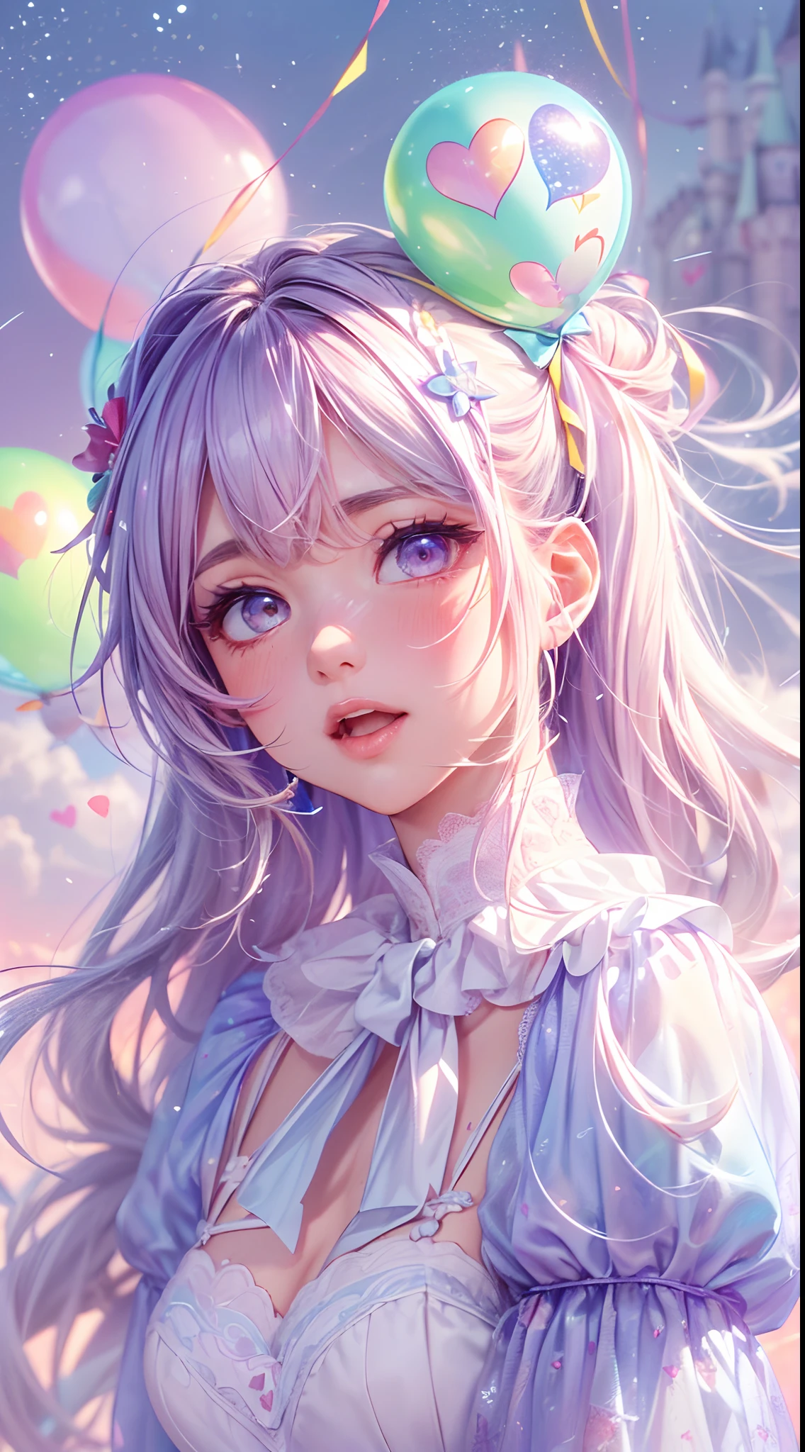 (fullbody, legs and shoes visible: 1.2)) expressive eyes, woman, pale skin, long hair, windblown hair, ((absurdly long hair)), long sidelocks, hime bangs, hair fringe, hair bun, ((very long twintails)), iridescent hair, light pink hair, blushing, full face blushing, big sparkling pastel purple eyes, (gradient eyes), open mouth smile, cute pose, ((holding balloons : 1.3))
((cute and pastel fashion)) ((🌞🥳😃🌹🌷🌳 theme : 1.4)) flowy pastel dress, ((dreamy multicolored open dress)), (floating ribbons), lavender ruffles, pink frills, (light blue lace), detached short sleeves, puffy skirt, ((rainbows and stars print skirt : 1.3)), lolita skirt, purple bows, ((pompon ribbons hair ornament : 1.4)), multiple bows, striped lace stockings, (heart shaped leg garter), cute (pastel purple) shoes ((hyperdetailed clothing and fashion)) looking at you, vintage girl, blushing, (beautiful detailed eyes), (extremely detailed CG unity 8k wallpaper) (best shadow), ((an extremely delicate and beautiful)), (detailed light), ((depth of field)) big head, big sparkling eyes, moe, splash art, cinematic lighting, frontal view, volumetric lighting maximalist photo illustration 64k resolution high res intricately detailed complex key visual precise linear
((in the dreamy pastel sky background, surrounded by sunset clouds, shooting stars, castles in the clouds)) ((hyperdetailed scenery, foggy clouds, suspended by balloons, hearts : 1.3))