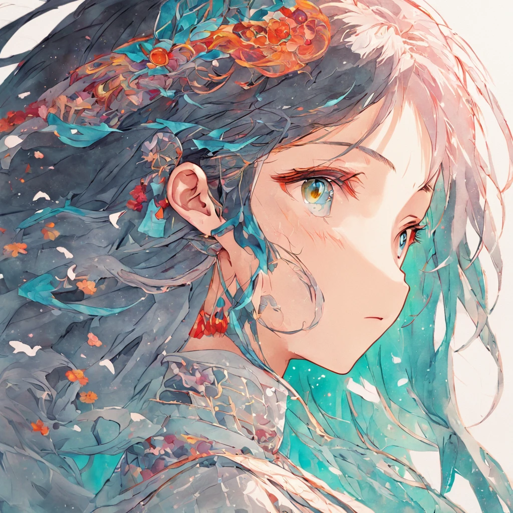(White background:1.4),(Silhouette of a girl's head, Eyes closed, colorfull long hair, Oriental elements),(Chinese illustration:1.3,paper art:1.3, Quilted paper art:1.2),( reasonable design, Clear lines, High sharpness,Best quality, Very detailed, Masterpiece, movie light effect, 4K )zombi