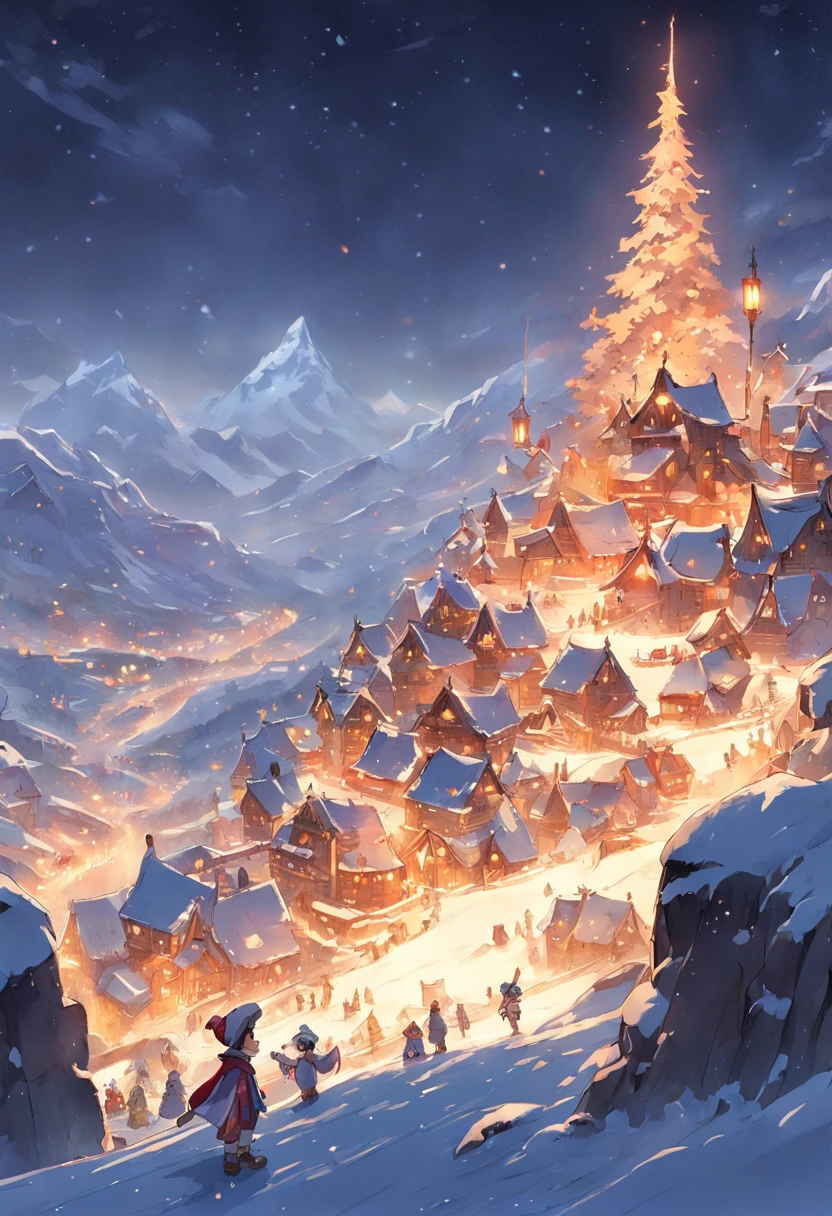 "*Image*: Captivating landscape of a snow-covered plateau with enchanting villages illuminated by colorful lights. Two playful elves adorned with sunglasses and a pirate hat joyfully building a giant snowman."