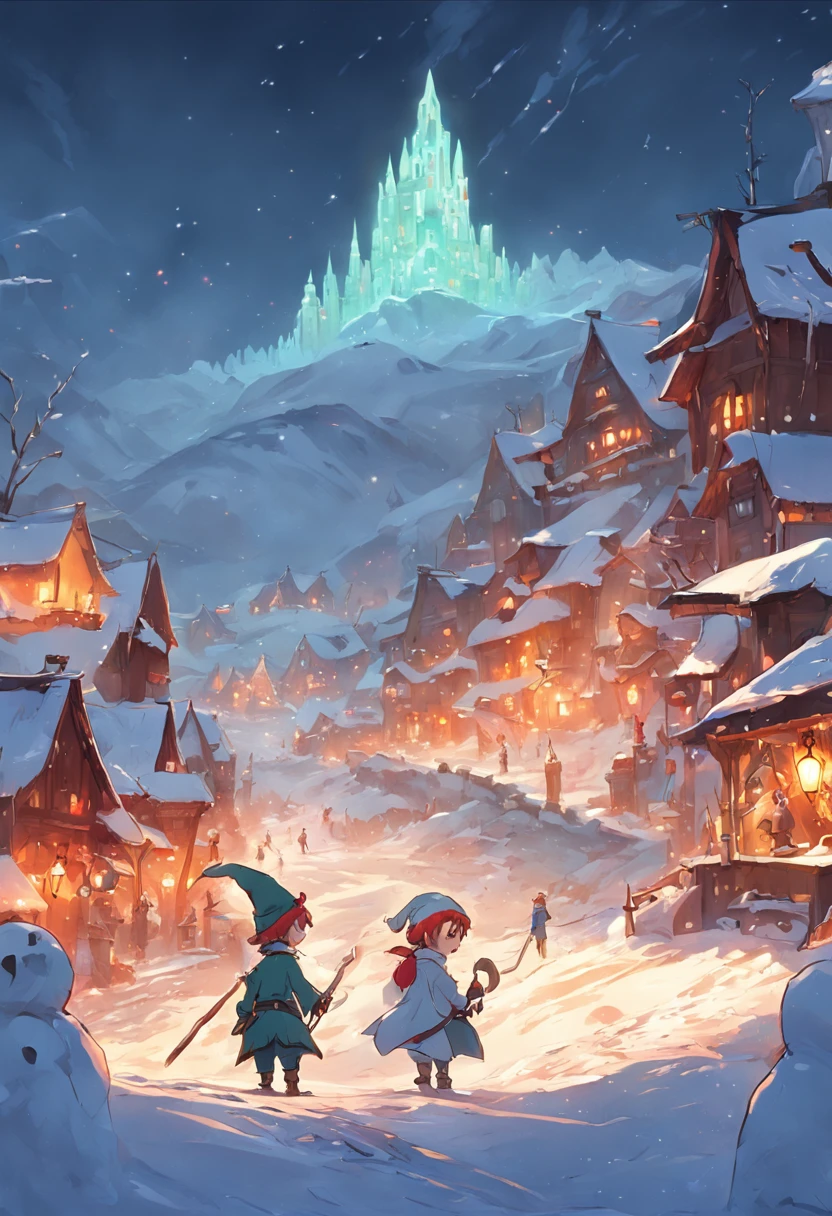 "*Image*: Captivating landscape of a snow-covered plateau with enchanting villages illuminated by colorful lights. Two playful elves adorned with sunglasses and a pirate hat joyfully building a giant snowman."