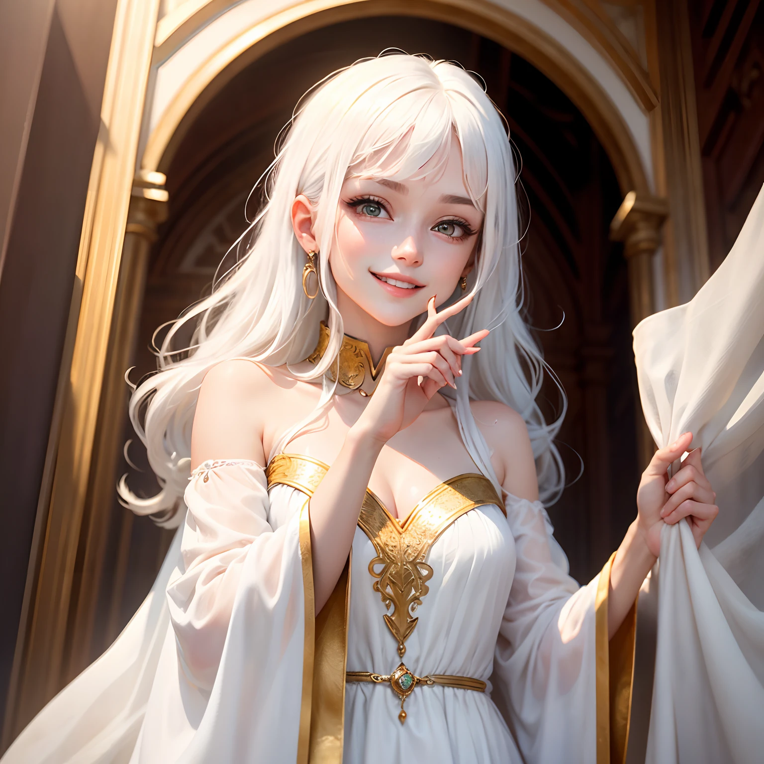 best quality, white hair, gold eyes, white clothes, looking up, upper body, hair strand, Fair skin, smiling, fingers to the mouth