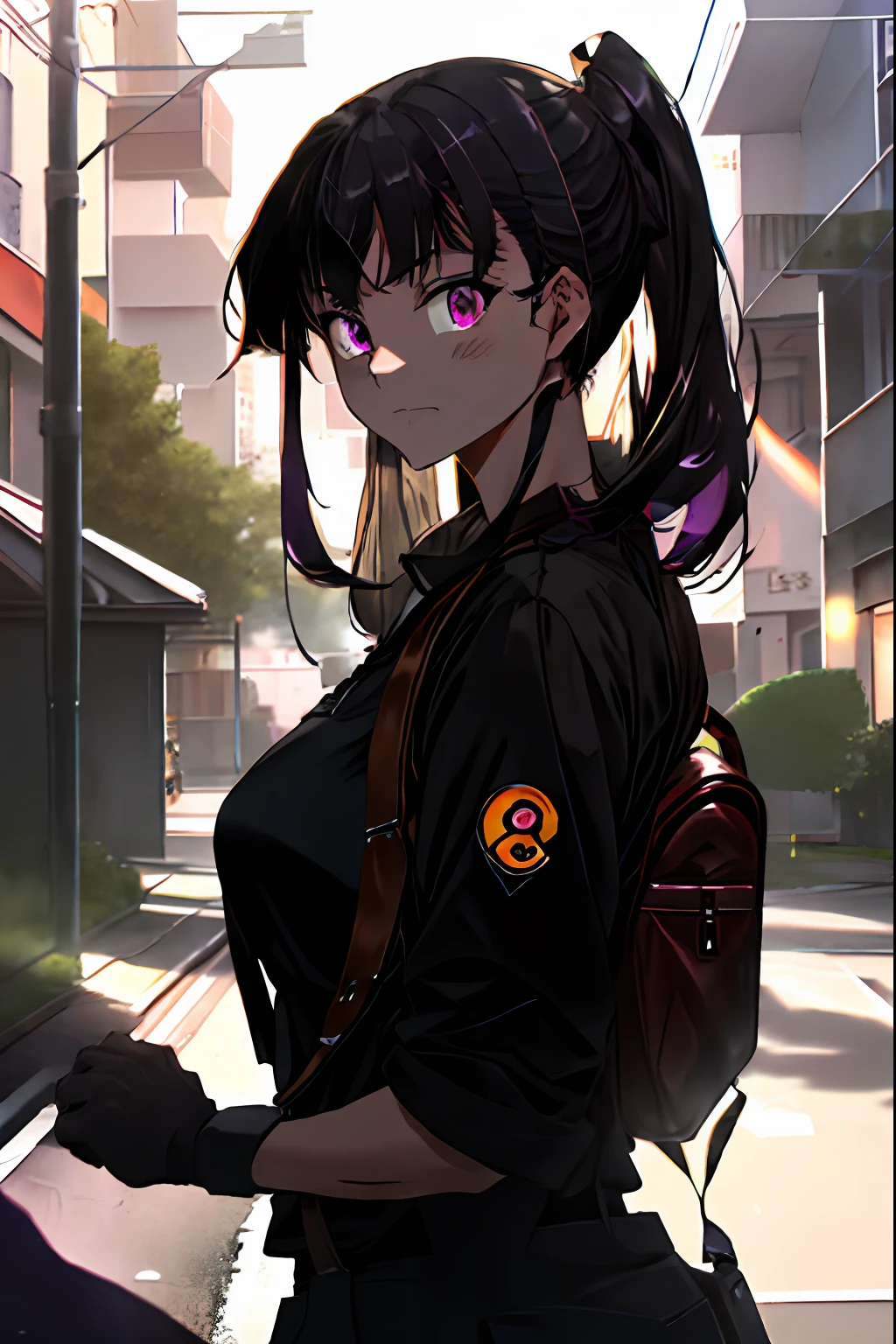 (Very detailed CG unit 8k wallpaper: 1.1), high resolution, detailed body skin, contrast, color, shadow, street background, 1 makioze, makioze, ffcl, wearing ffcl ,magecl wearing magecl, with sputter, long black hair, (violet eyes), closed mouth, :o, surprised, happy_face, tease, embarrassment, Front light, good lighting