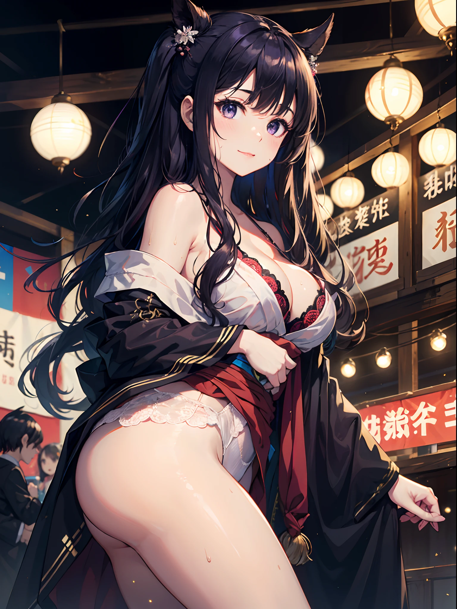 8K picture quality、top-quality、masutepiece、An ultra-high picture quality、ultra-detailliert、Ultra-realistic hair quality、Vibrant colors、Beautuful Women、Beautiful long hair、Shiny hair、detailed hairs、white hairs、poneyTail、purple eyes、shinny skin、Lace underwear、Very gigantic-breasts、Sweat on the forehead and cheeks、extremely big ass、Fluffy off-shoulder yukata、A smile、soft pink lips、Ultra-realistic flesh feeling、Red cheeks、summer festival in background