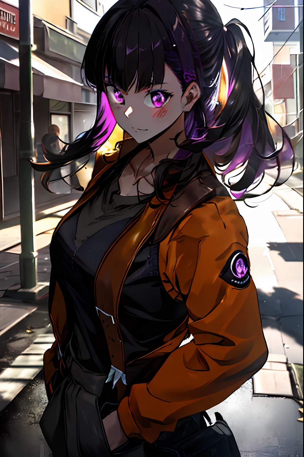 (Very detailed CG unit 8k wallpaper: 1.1), high resolution, detailed body skin, contrast, color, shadow, street background, 1 makioze, makioze, ffcl, wearing ffcl ,magecl wearing magecl, with sputter, long black hair, (violet eyes), closed mouth, :o, surprised, happy_face, tease, embarrassment, Front light, good lighting