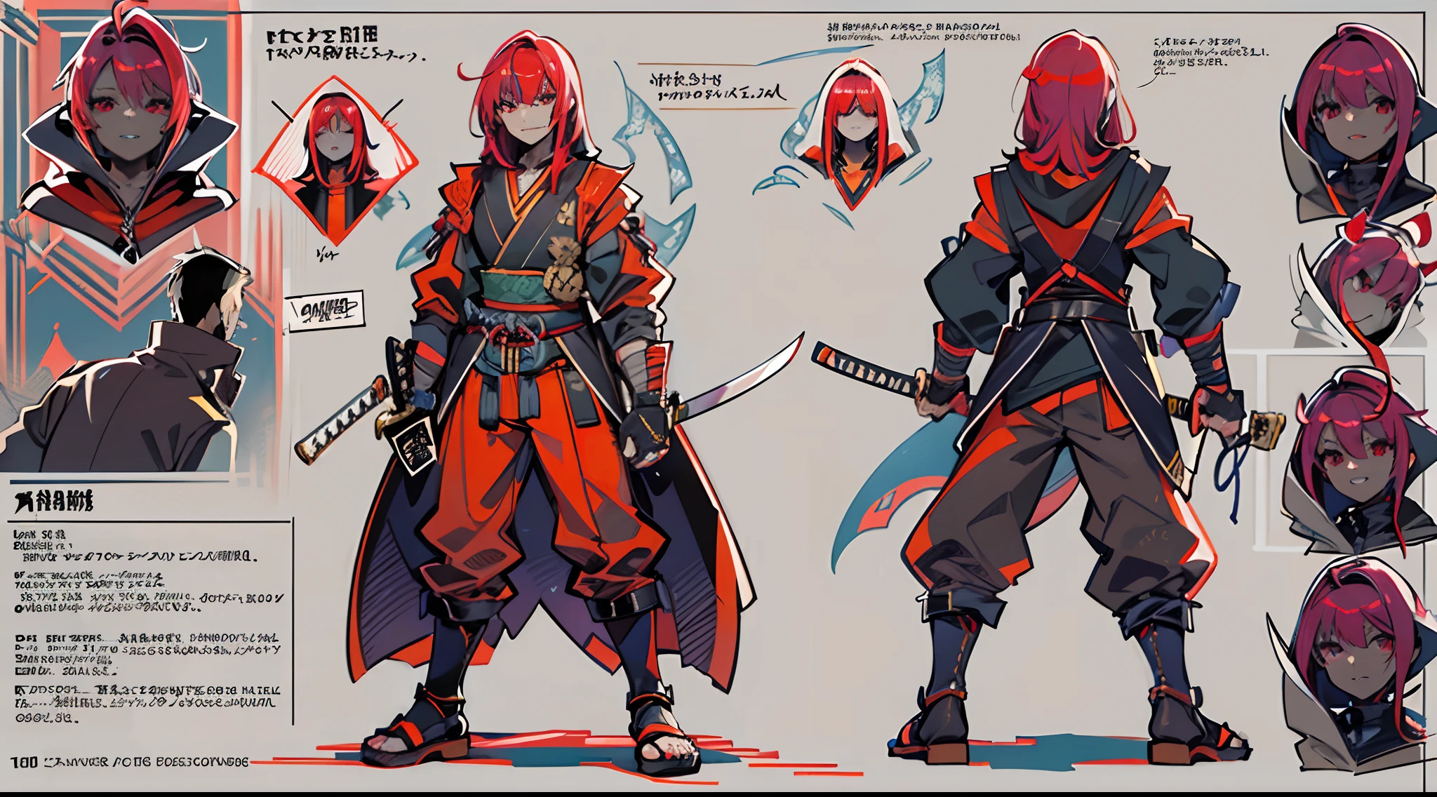 1man, reference sheet, (fantasy anime character design, front angles, back angles) swordsman 1. Handsome-looking individual dressed in urban clothing like a black hoodie, black jeans, loosely fitted, and suited for both sword play and casual wear. Outfit is a combination of modern urban wear and traditional samurai gear. African American man in his early twenties, long red hair, big red eyes filled with confidence, wide sneaky grin with shark teeth after winning a fight unscathed. Carries around a pitch black katana and book bag. Lean build suggesting agility and swiftness in movements. (masterpiece:1.2), (best quality:1.3).