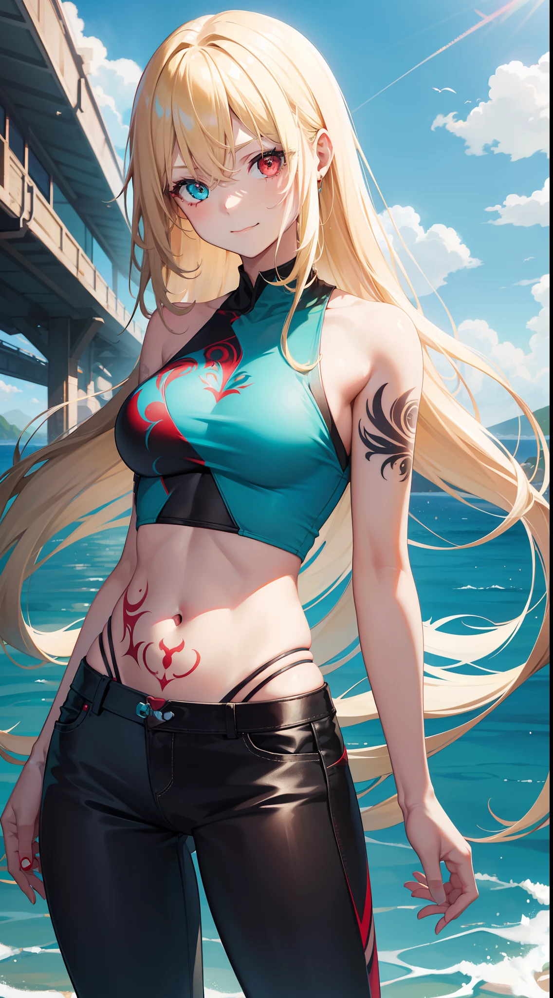 young girl, longue blonde hair, Heterochromia, turquoise and red eyes, smirk, Tatoo, tight turquoise top, open belly, Skinny black pants, seen from behind, tattoo, Masterpiece, hiquality