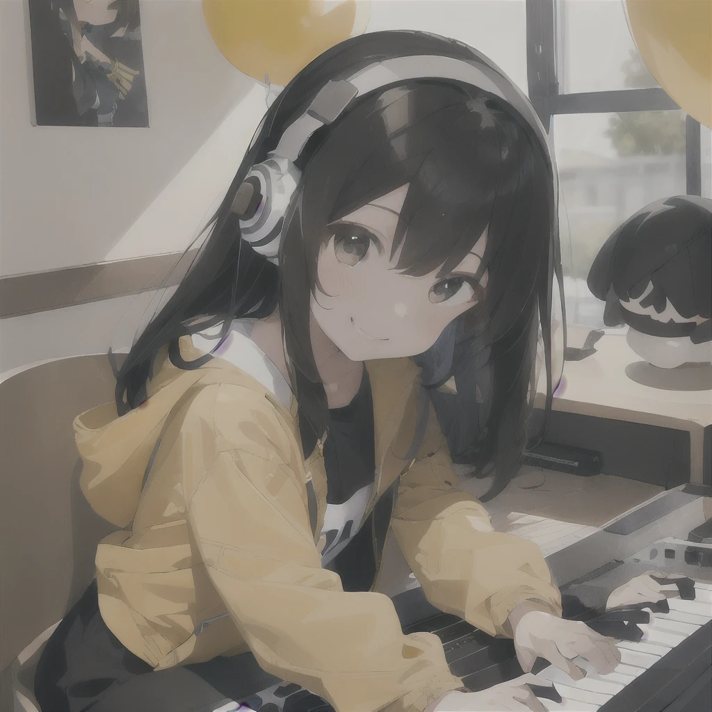 (1 girl、A dark-haired、straight haired、hair adornments、ssmile、A smile、small tits、cute face)、Yellow jacket、Black pants、full body Esbian、camera view、Turntables on both sides of the mixer console、masterpiece、top-quality、nffsw、Portrait with headphones on the neck(((Play the keyboard)))、