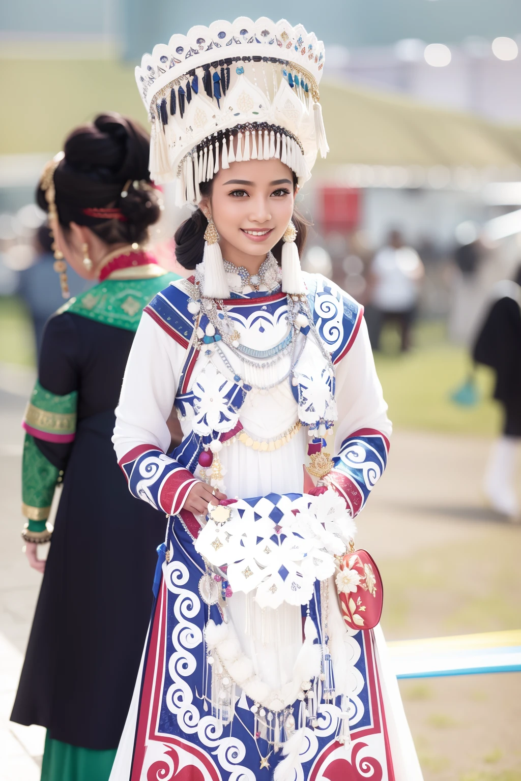 Face the lens，ssmile，photorealestic，delicate accessories，exquisite costumes，Rich background，the street