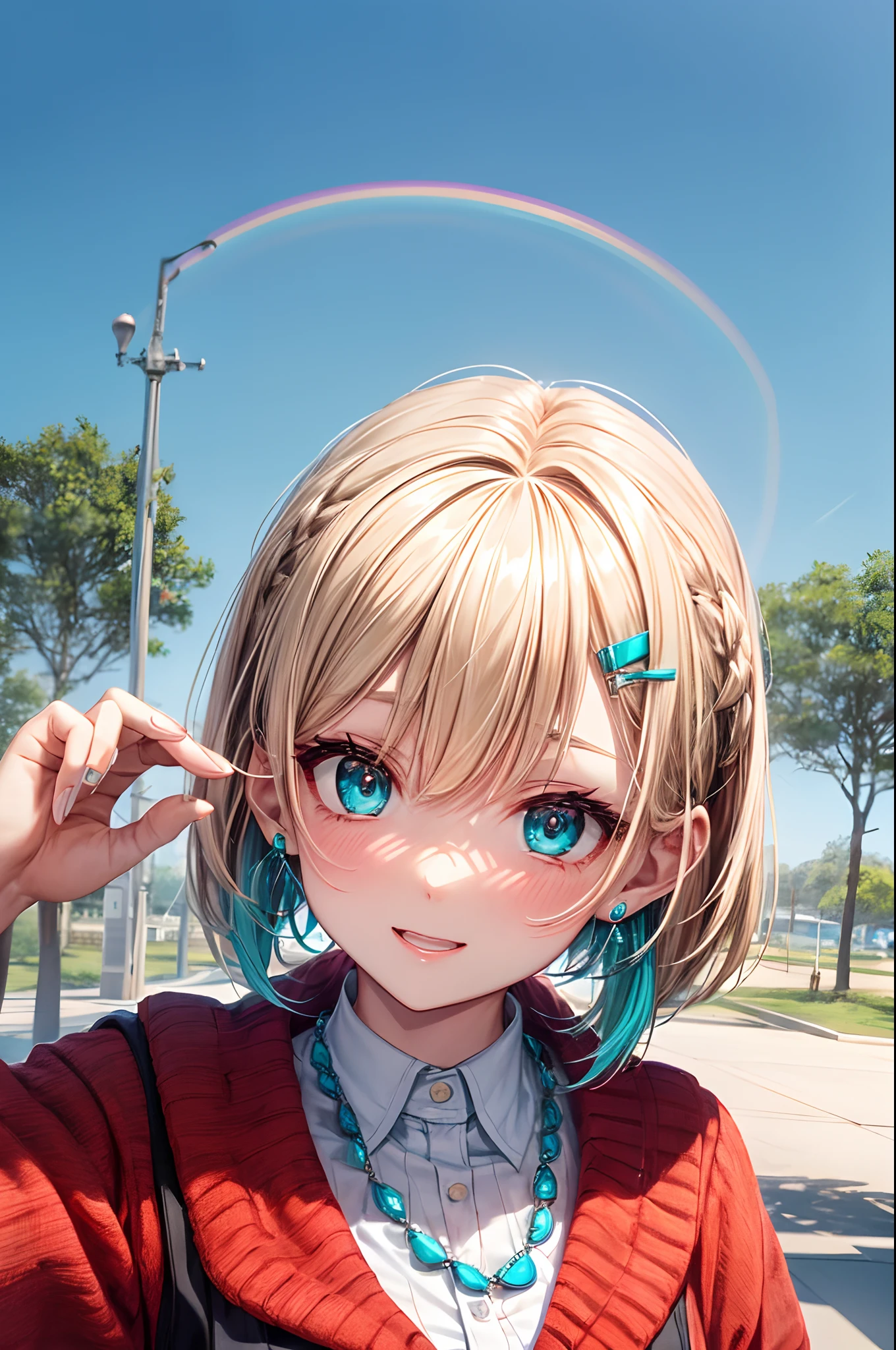 absurderes, ultra-detailliert,bright colour, extremely beautiful detailed anime face and eyes, view straight on, ;D, shiny_skin,25 years old, Short hair, , asymmetrical bangs, Blonde hair with short twin tails, Shiny hair, Delicate beautiful face, red blush、(Turquoise eyes), White skin, hair clips, earrings, a necklace, Cardigan, Clothes, Brown clothes,