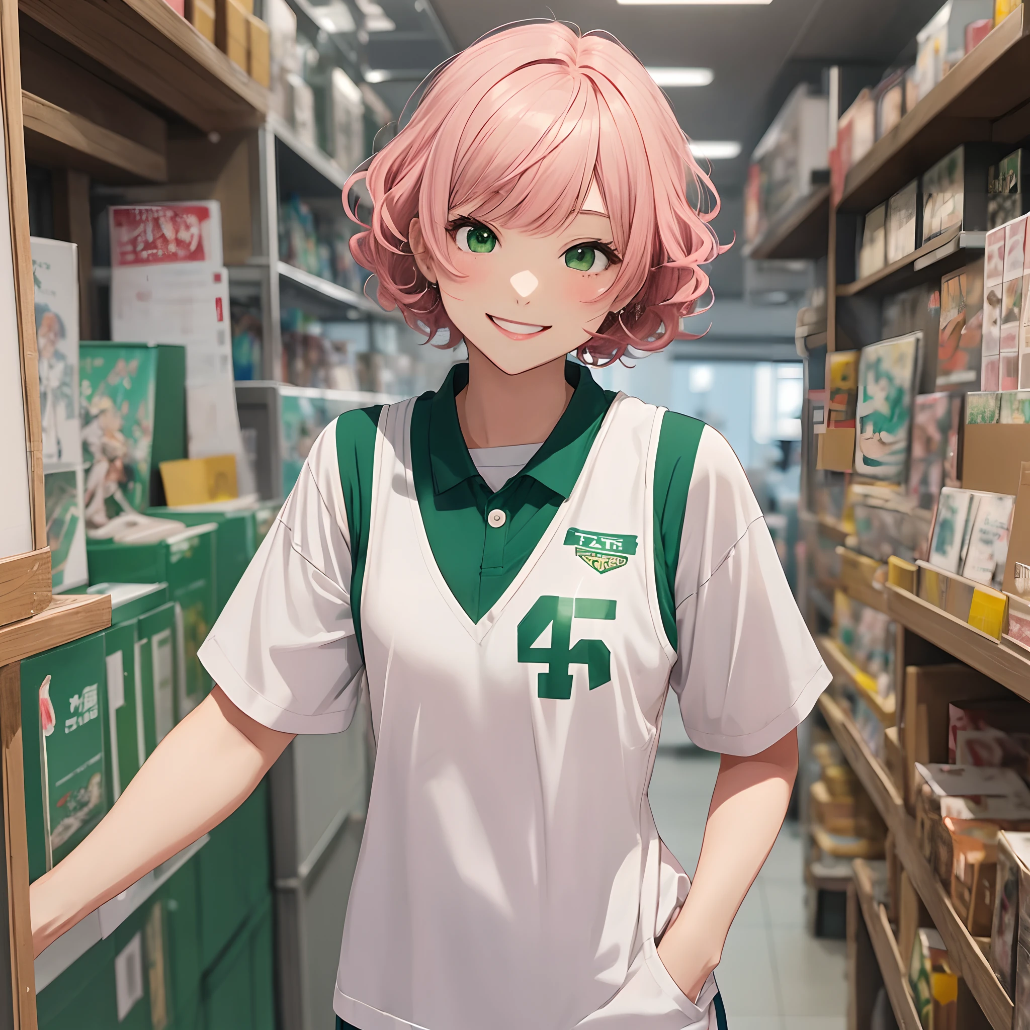 one-girl,Short pink curly hair,Athlete stature,with brown skin,short length bangs,Green eyes,Anime comic style,Miyazaki painting style,White vest,Lively and smiling,Likes to tease people