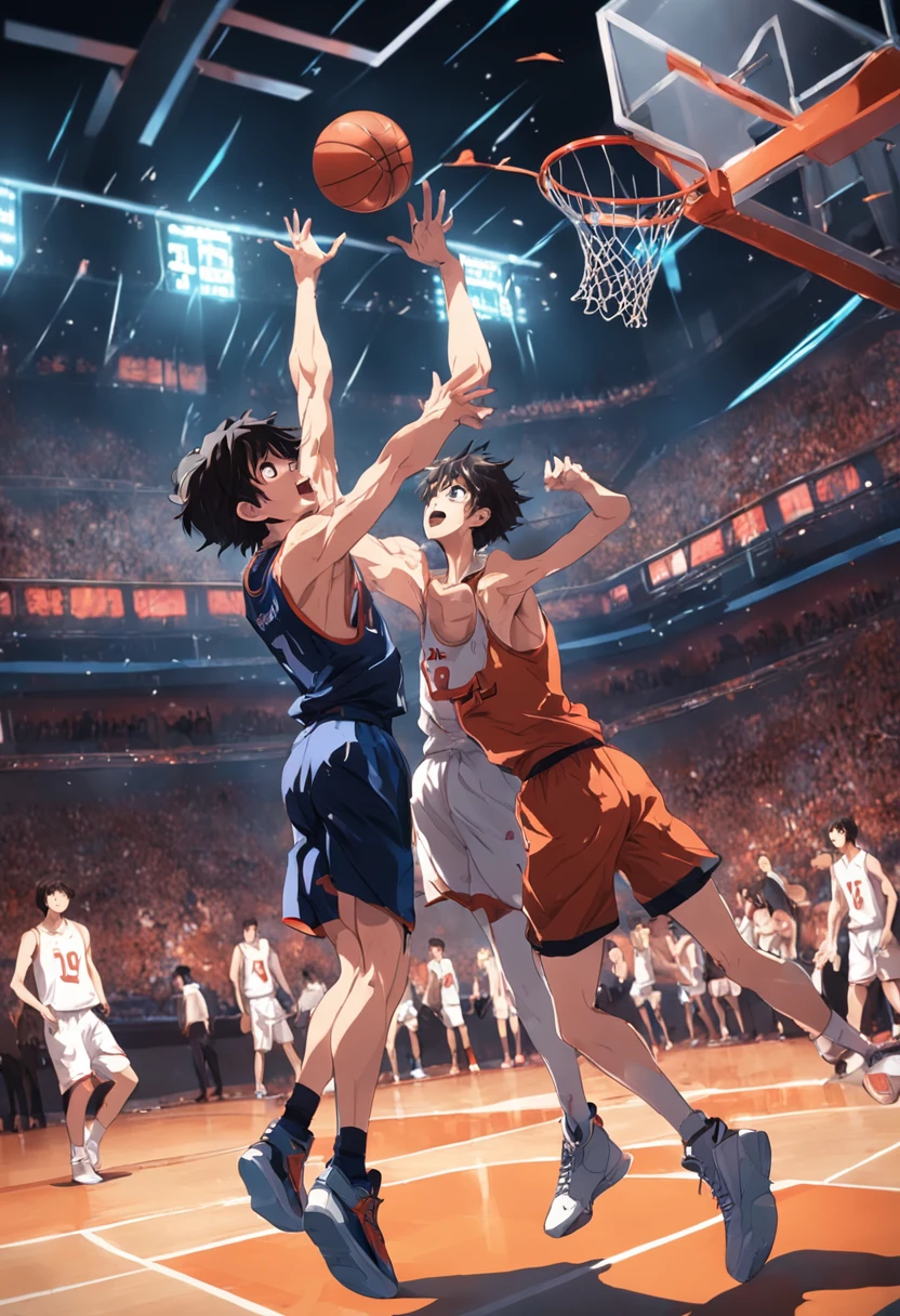 Split the two frames，In the middle is a ball that is divided into basketball and football，A hot-blooded confrontation game of football and basketball。Slam Dunk Drawing Style