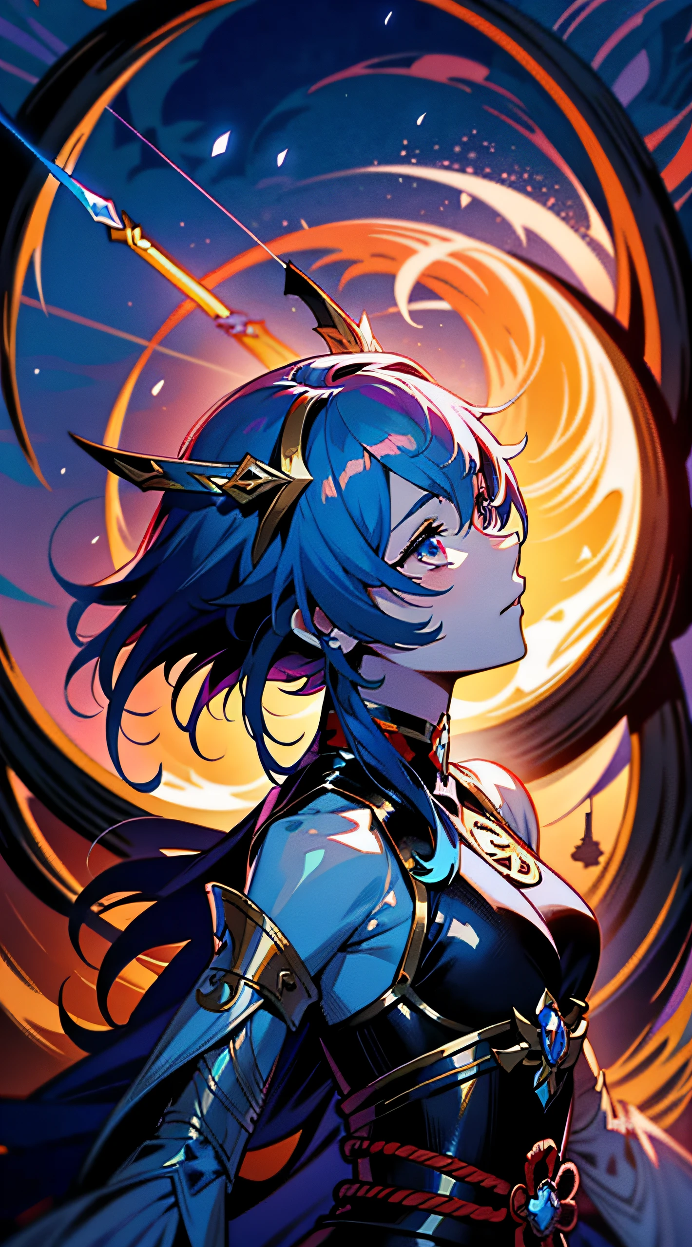 Anime figure，Dark villain，Beautiful girl face，Full of hope，Perfect face，The samurai held a bow and arrow, Wear contrasting armor, full portrait of magical knight,the original god, demon anime girl, fantasy paladin man, Dragon Knight,Spread your black feathered wings，Mobile Genshin Influence, Anime 8 k, Anime fantasy illustration, Genshin Impact, Shock character, Detailed key anime art, Ayaka Genshin impact, onmyoji portrait，Close with a sword, Comic book epic artwork, Epic fantasy digital art style,Epic fantasy art style, 8K high quality detailed art, Epic fantasy art style HD, Faraway view，Behind him，This is a golden glowing magic array。，Purify the flame，HD anime visuals，full portrait of magical knight