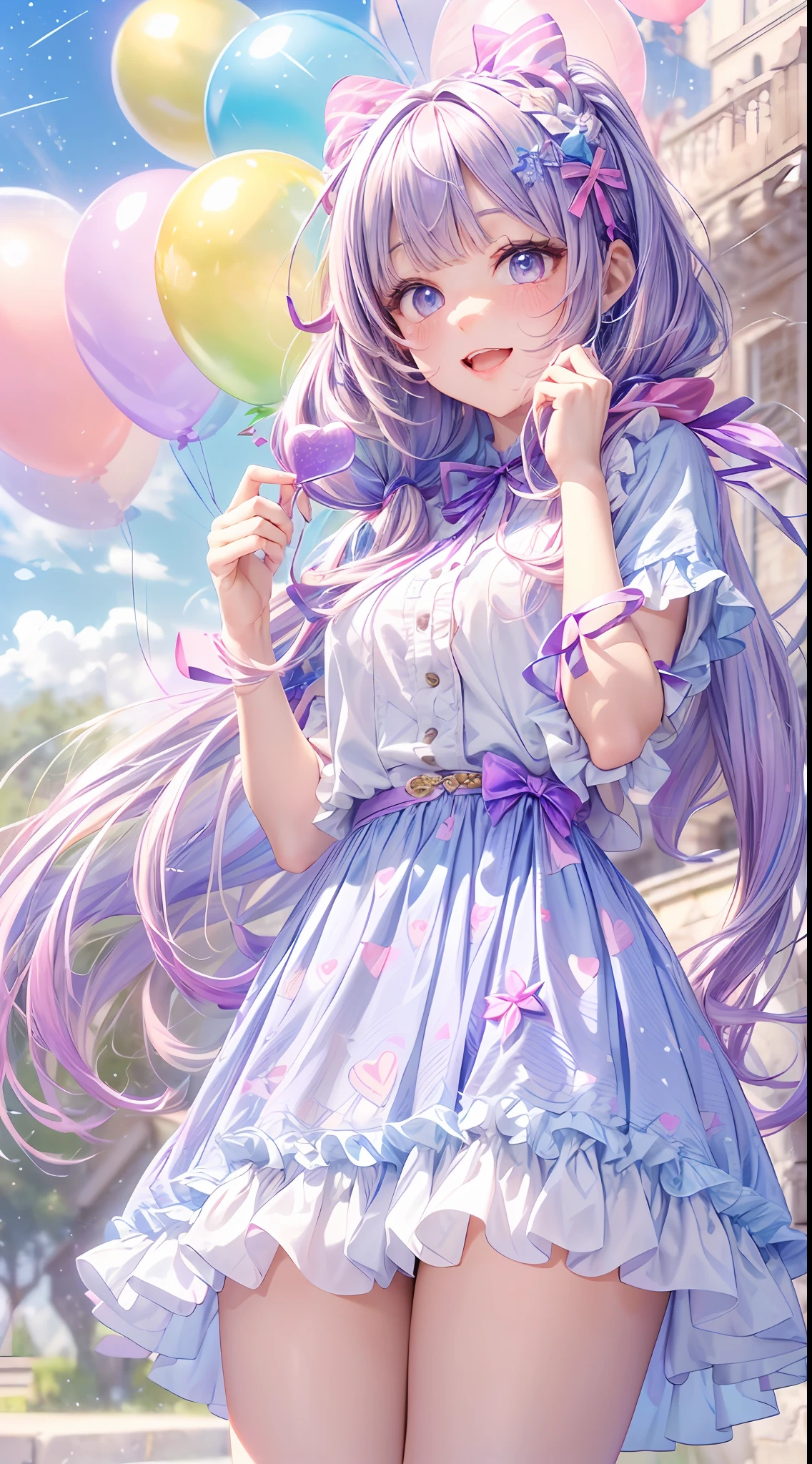 (fullbody, legs and shoes visible: 1.2)) expressive eyes, woman, pale skin, long hair, windblown hair, ((absurdly long hair)), long sidelocks, hime bangs, hair fringe, hair bun, ((very long twintails)), iridescent hair, light pink hair, blushing, full face blushing, big sparkling pastel purple eyes, (gradient eyes), open mouth smile, cute pose, ((holding balloons : 1.3))
((cute and pastel fashion)) ((🌞🥳😃🌹🌷🌳 theme : 1.4)) flowy pastel dress, ((dreamy multicolored open dress)), (floating ribbons), lavender ruffles, pink frills, (light blue lace), detached short sleeves, puffy skirt, ((rainbows and stars print skirt : 1.3)), lolita skirt, purple bows, ((pompon ribbons hair ornament : 1.4)), multiple bows, striped lace stockings, (heart shaped leg garter), cute (pastel purple) shoes ((hyperdetailed clothing and fashion)) looking at you, vintage girl, blushing, (beautiful detailed eyes), (extremely detailed CG unity 8k wallpaper) (best shadow), ((an extremely delicate and beautiful)), (detailed light), ((depth of field)) big head, big sparkling eyes, moe, splash art, cinematic lighting, frontal view, volumetric lighting maximalist photo illustration 64k resolution high res intricately detailed complex key visual precise linear
((in the dreamy pastel sky background, surrounded by sunset clouds, shooting stars, castles in the clouds)) ((hyperdetailed scenery, foggy clouds, suspended by balloons, hearts : 1.3))