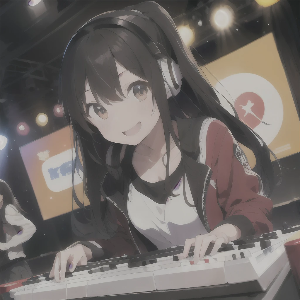 (1 girl、A dark-haired、straight haired、hair adornments、ssmile、A smile、small tits、cute face)、Red jacket、Black pants、full body Esbian、camera view、Turntables on both sides of the mixer console、masterpiece、top-quality、nffsw、Portrait with headphones around the neck(((Play the keyboard)))、The audience gets excited、stage