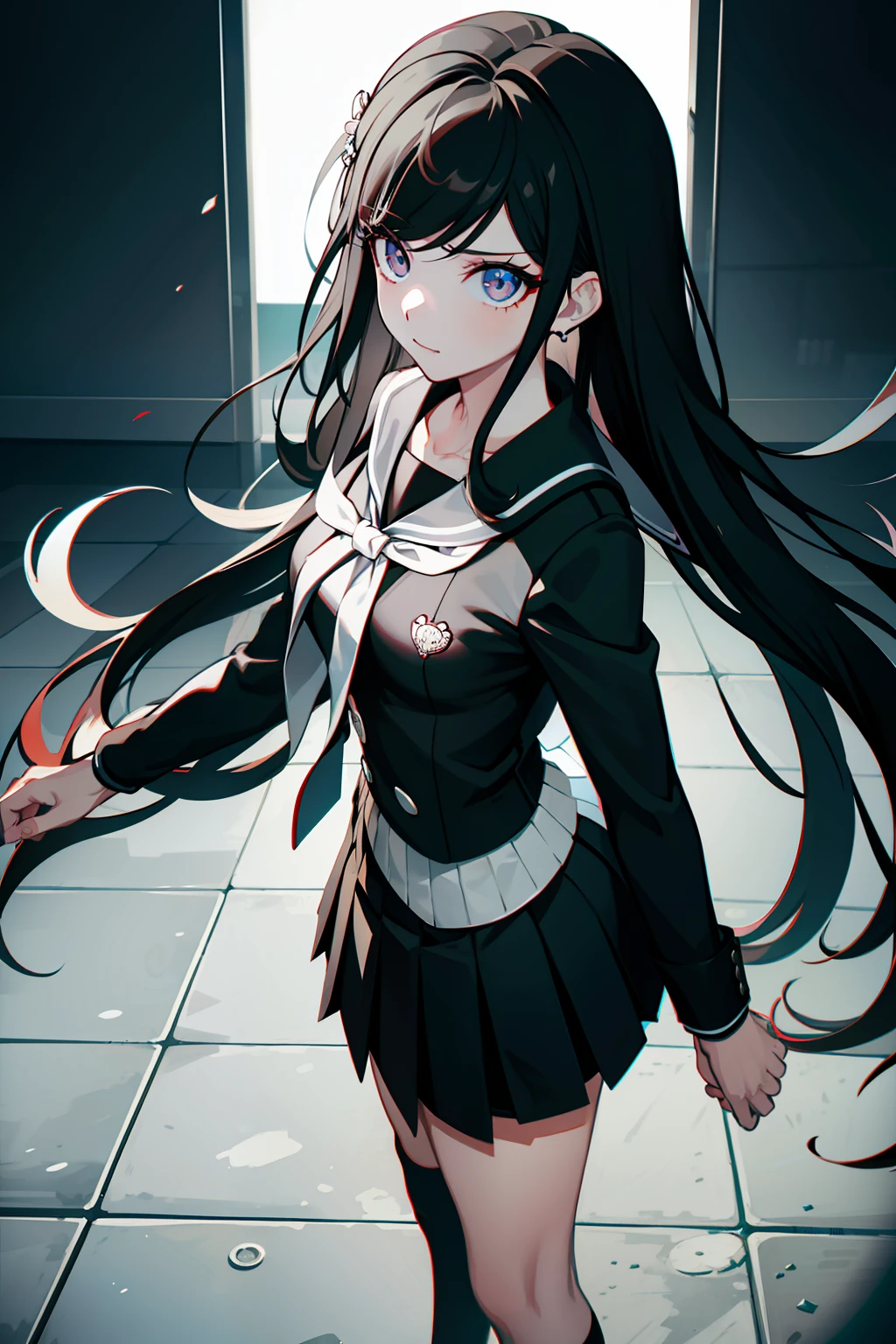 danganronpa，komatsuzaki rui，（Masterpiece）， （the Extremely Detailed CG Unity 8K Wallpapers）， （Extremely refined and beautiful）， （1girll：1.3）， Solo， （Perfect front view：1.3）， （（ultra - detailed））， illustratio， hair between eye， afloat， finely detailled， （The upper part of the body）， （Looking_at_peeping at the viewer：1.2）， （Danganronpa （styled））， （Danganronpa （styled）：4.5），（（Black military uniform））， （（Black shirt））， blue long skirt， （Sailor suit）， （black_upper legs））， （Long black hair：1.5）， （Blue eye：1.2）， （shairband），（hair straight：1.4），（Light smile：1.5），（court room），standing on your feet，（simplebackground：1.4），Standing CG，GameCG，Perfect hands，Humanity，Danganronpa,Beautiful hands,Beautiful eyes,black hair ,full-length picture