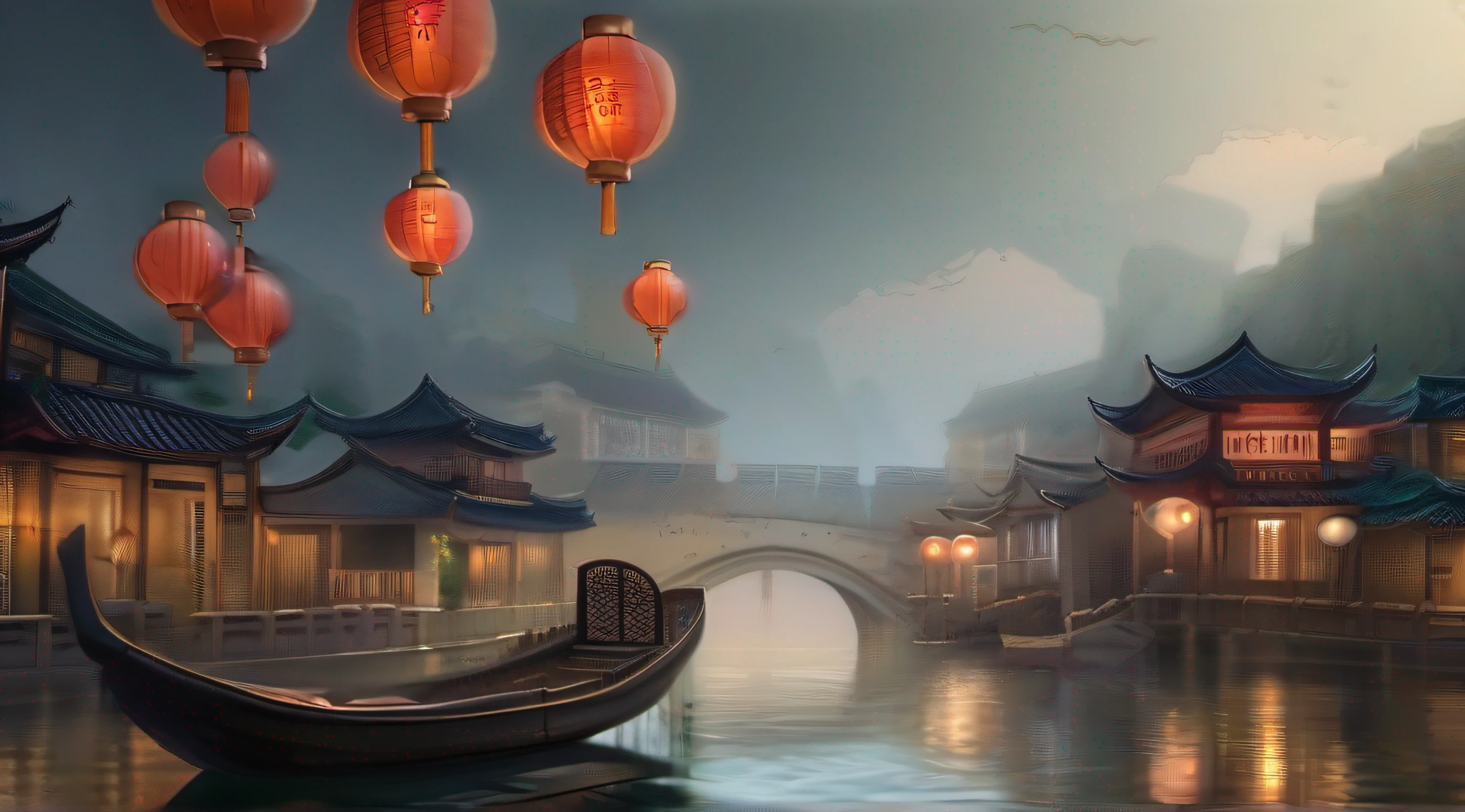 Jiangnan Water Town,Small rivers,das boot,pavilion,lanterns,best qualtiy,超高分辨率,(fidelity:1.4)