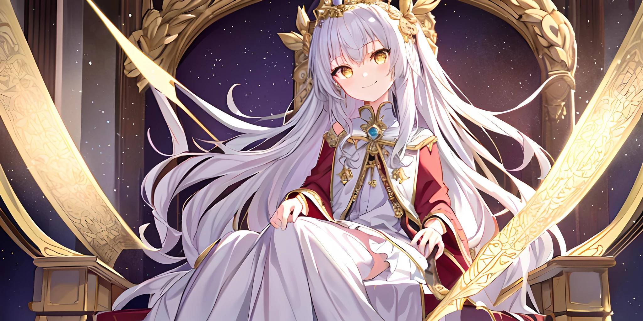 教皇 full body,on a scepter,Sit on the throne,((robe with an intricate pattern)),(1 girl),(solo),(cute anime face),golden eyes,white hair,Long hair, smile,halo,(sit on the low throne),in magnificent castle,