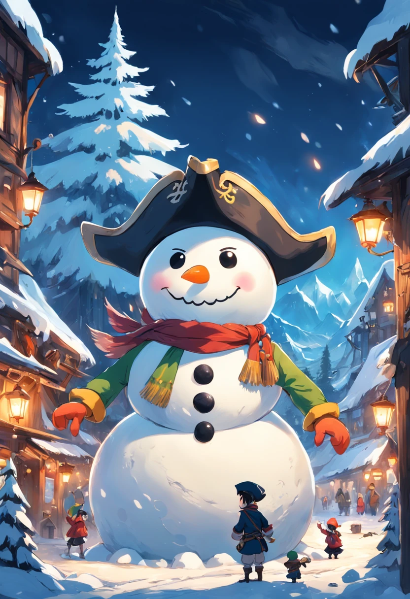 "Image: Captivating winter wonderland, with a snow-covered plateau, enchanting villages adorned with vibrant lights. Two mischievous elves joyfully constructing a giant snowman, wearing sunglasses and a pirate hat."