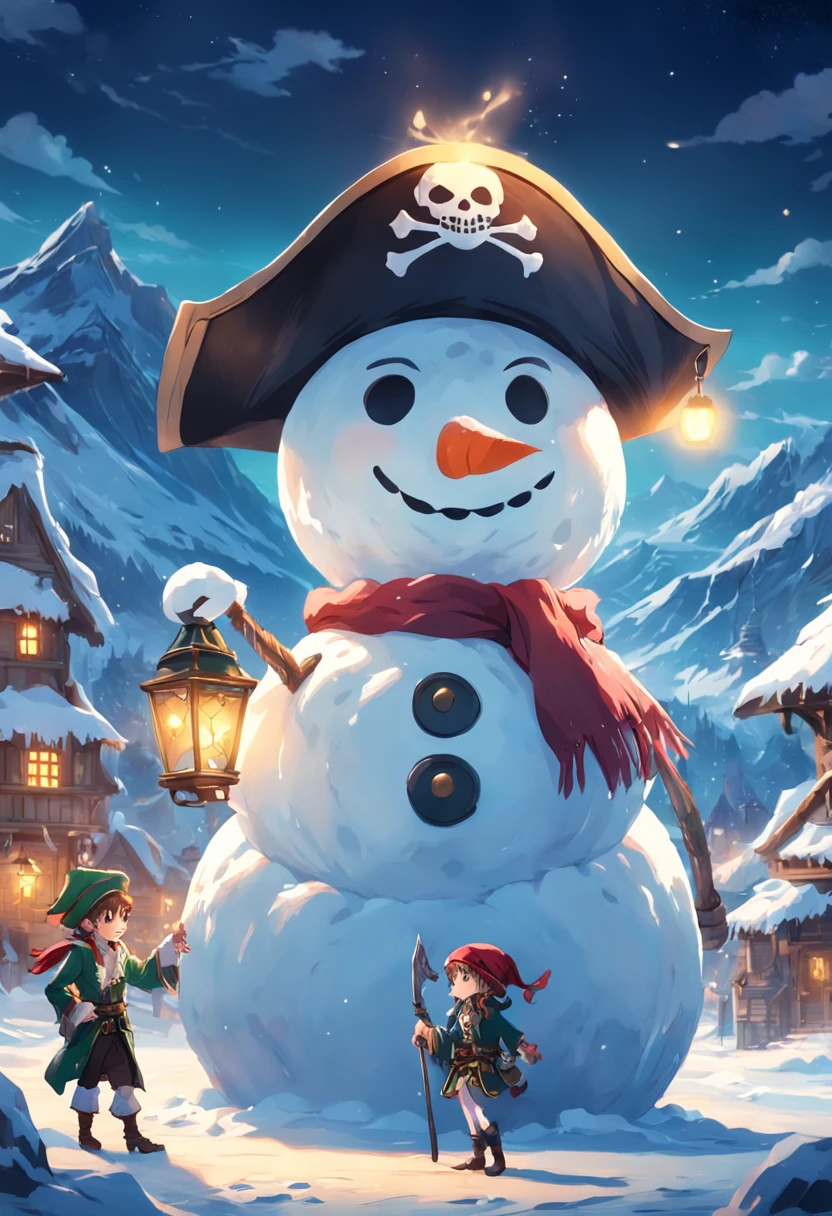 "Image: Captivating winter wonderland, with a snow-covered plateau, enchanting villages adorned with vibrant lights. Two mischievous elves joyfully constructing a giant snowman, wearing sunglasses and a pirate hat."