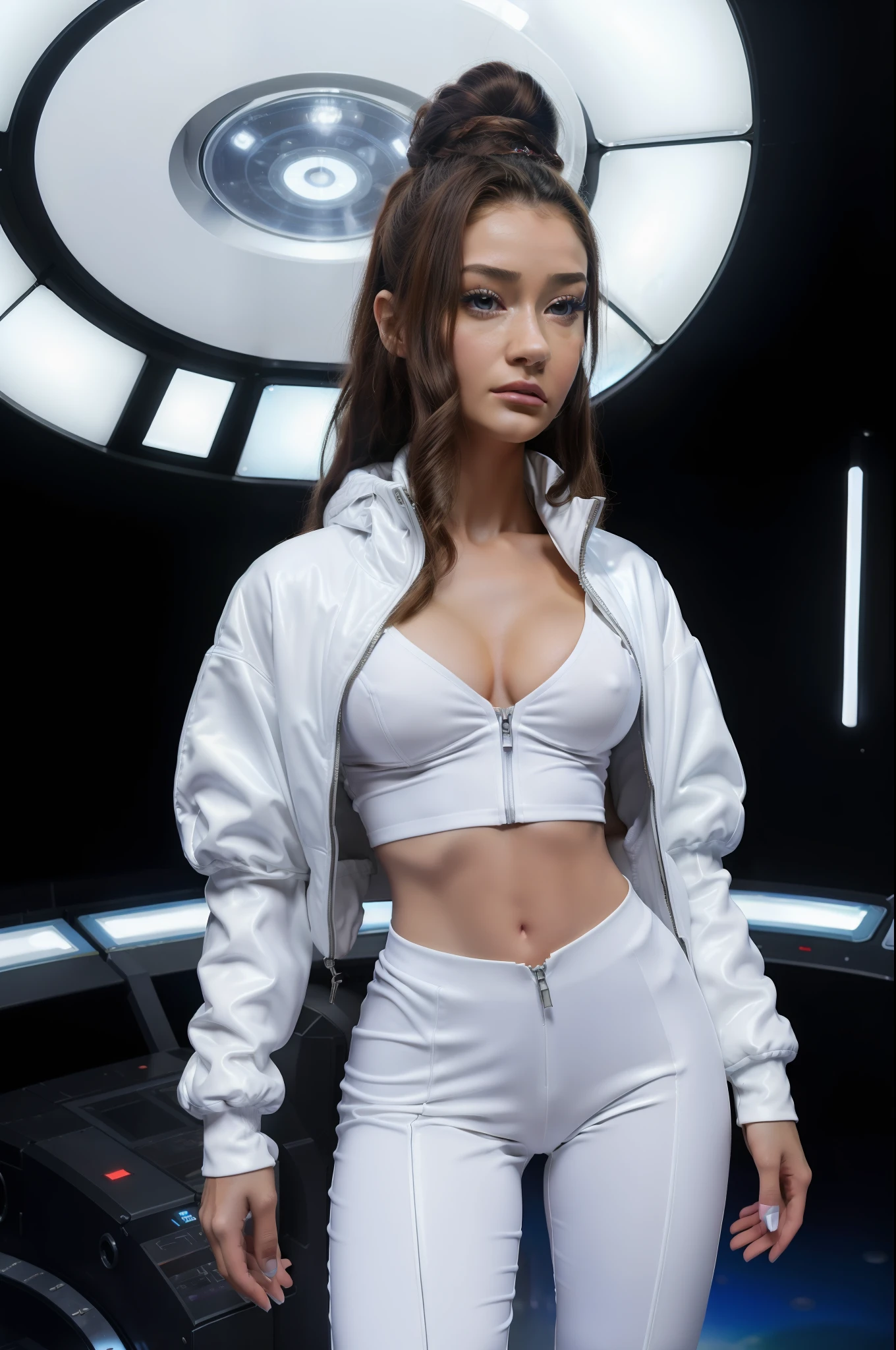 8k, ARTISTIC photography, best quality, masterpiece: 1.2), (realistic, photorealistic: 1.37)` Movie still from johnny mnemonic movie directed by (Robert Longo), (cyberpunk female on a realistic futuristic space station ), (((Anna Cathcart))) , beautiful body, toned body, perky breast (( dressed in a Futuristic bubble jacket )), (((over-detailed clothing))), (((the color of the clothes is white ))), posing, IN A Empty futuristic space station.. background,