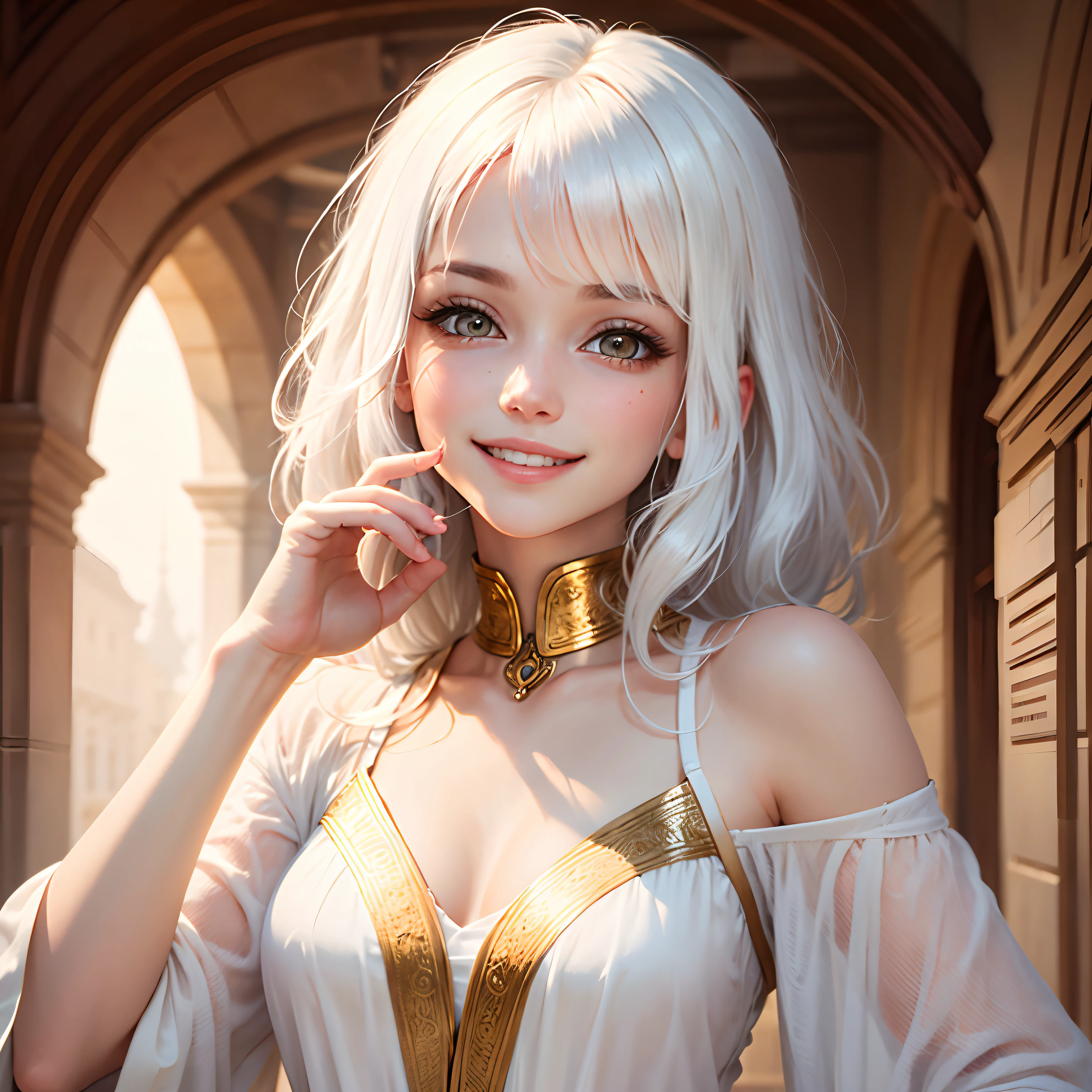 best quality, white hair, gold eyes, white clothes, looking up, upper body, hair strand, Fair skin, smiling, fingers to the mouth
