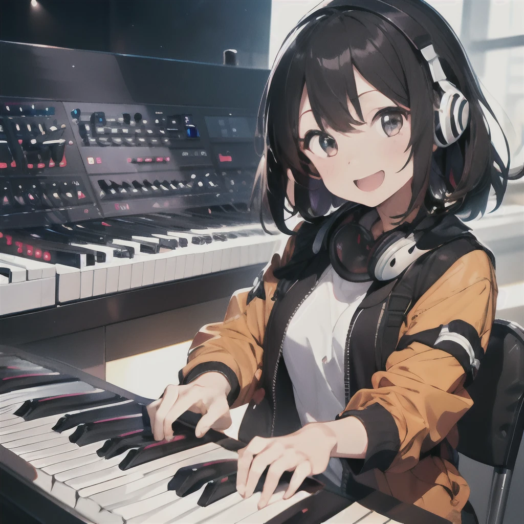 (1 girl、A dark-haired、straight haired、hair adornments、ssmile、A smile、small tits、cute  face)、Orange jacket、Black pants、full body Esbian、camera view、Turntables on both sides of the mixer console、​masterpiece、top-quality、nffsw、Portrait with headphones around the neck(((Play the keyboard)))、The audience gets excited、stage