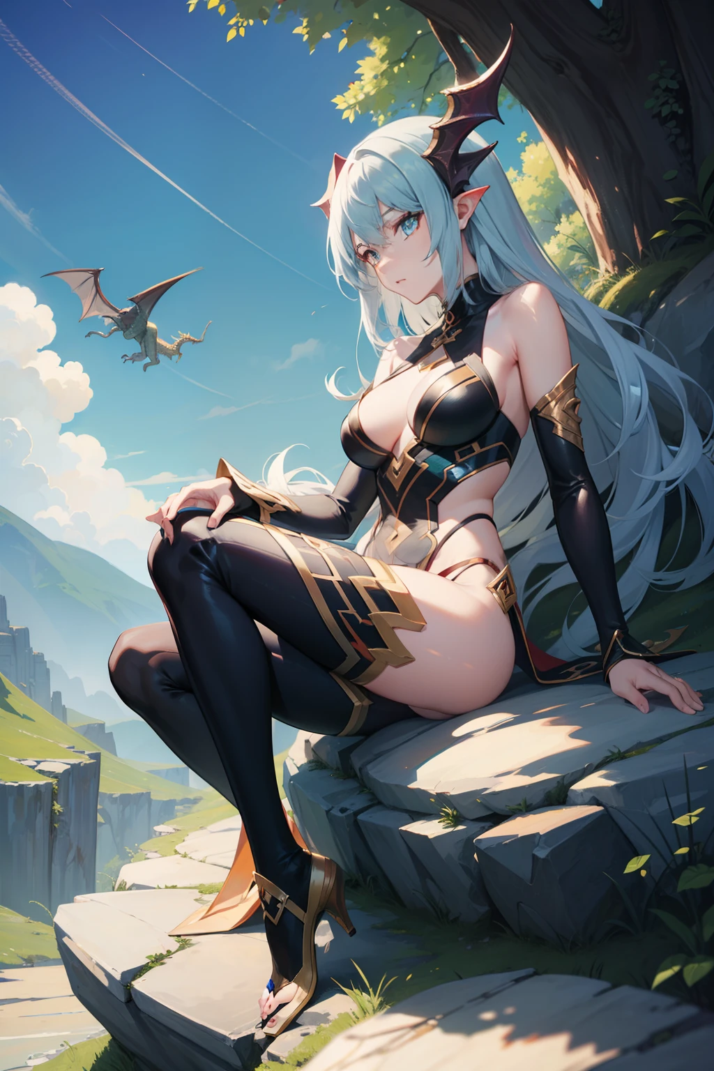 female dragon in human form, resting on a stone