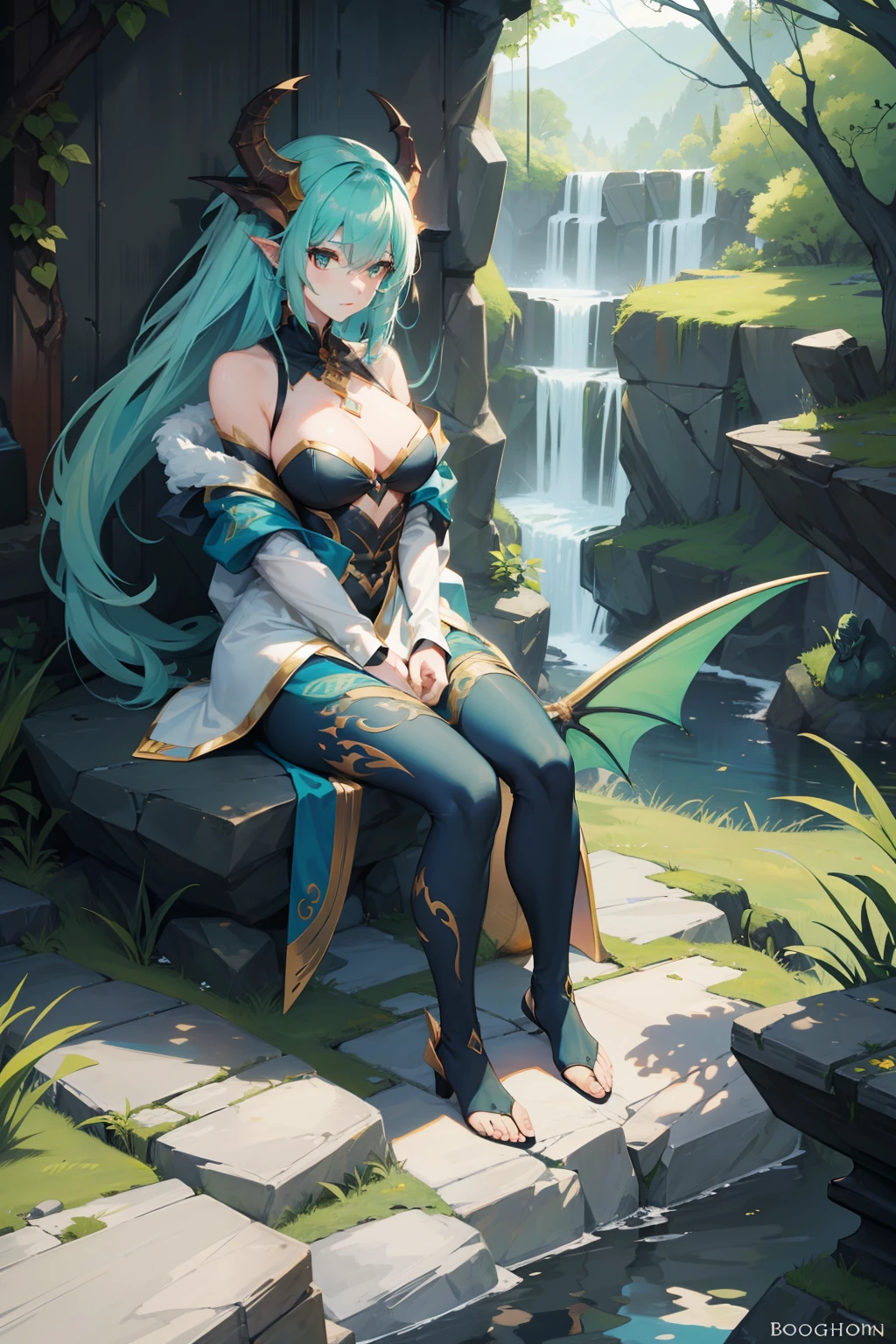 female dragon in human form, resting on a stone