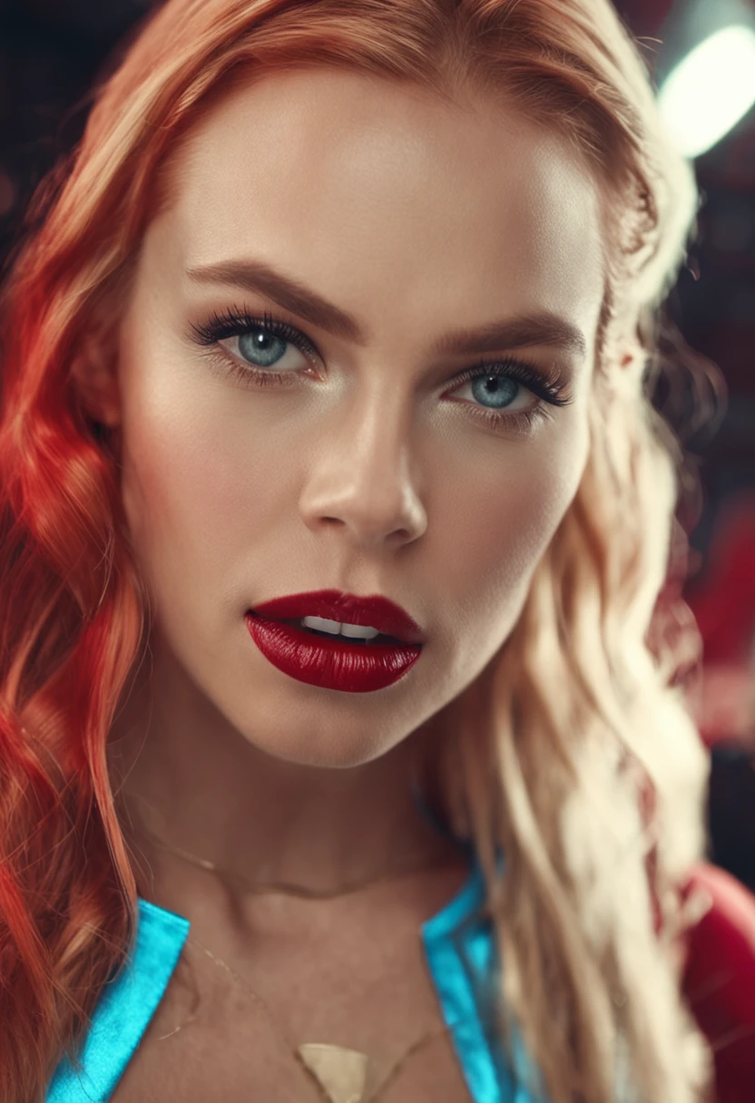 white woman, sexy body, (long straight blonde hair), short shorts, red lipstick, big eyelashes, eyeshadow, ponytail, blue eyes