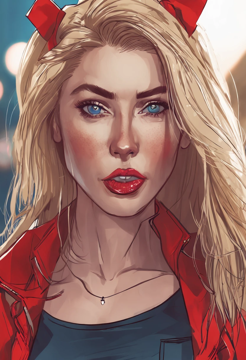 white woman, sexy body, (long straight blonde hair), short shorts, red lipstick, big eyelashes, eyeshadow, ponytail, blue eyes