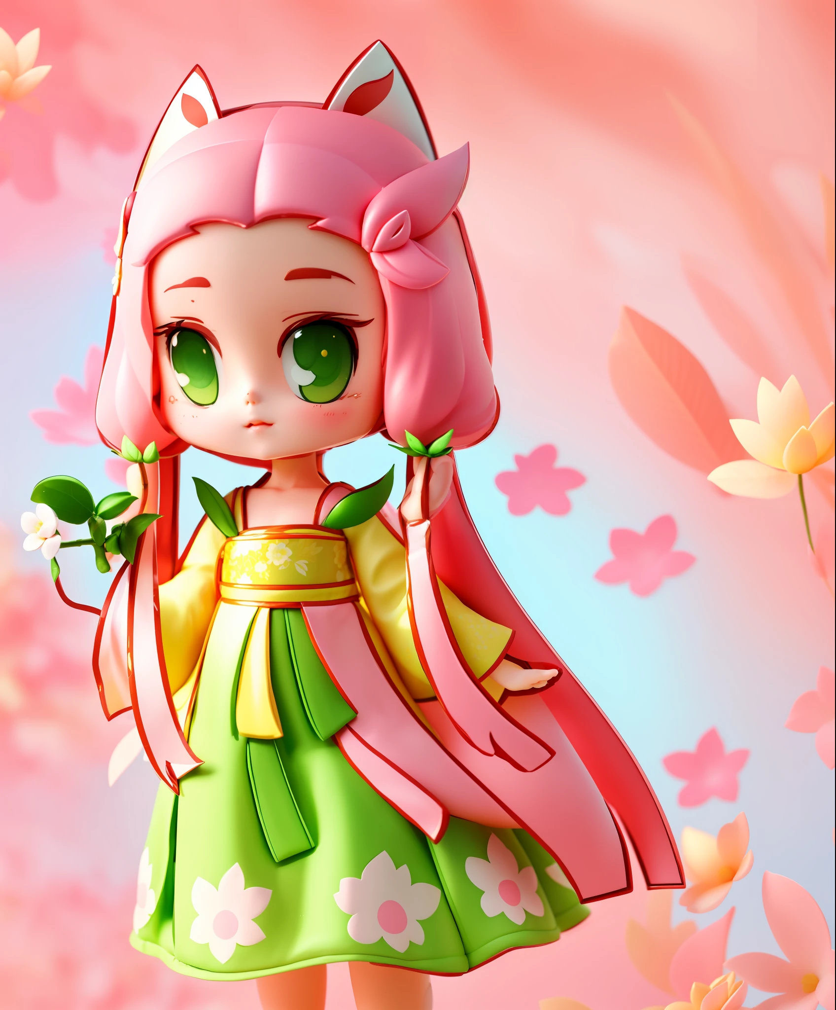 A cartoon of a girl with a cat's head and a flower, elf girl wearing an flower suit, the non-binary deity of spring, shirabii, tchibi, humanoid pink female squid girl, cute anime waifu in a nice dress, sakura haruno, Kawaii chibi, holding a pudica pose, Wear a baby green floral dress,There are leaves on the skirt