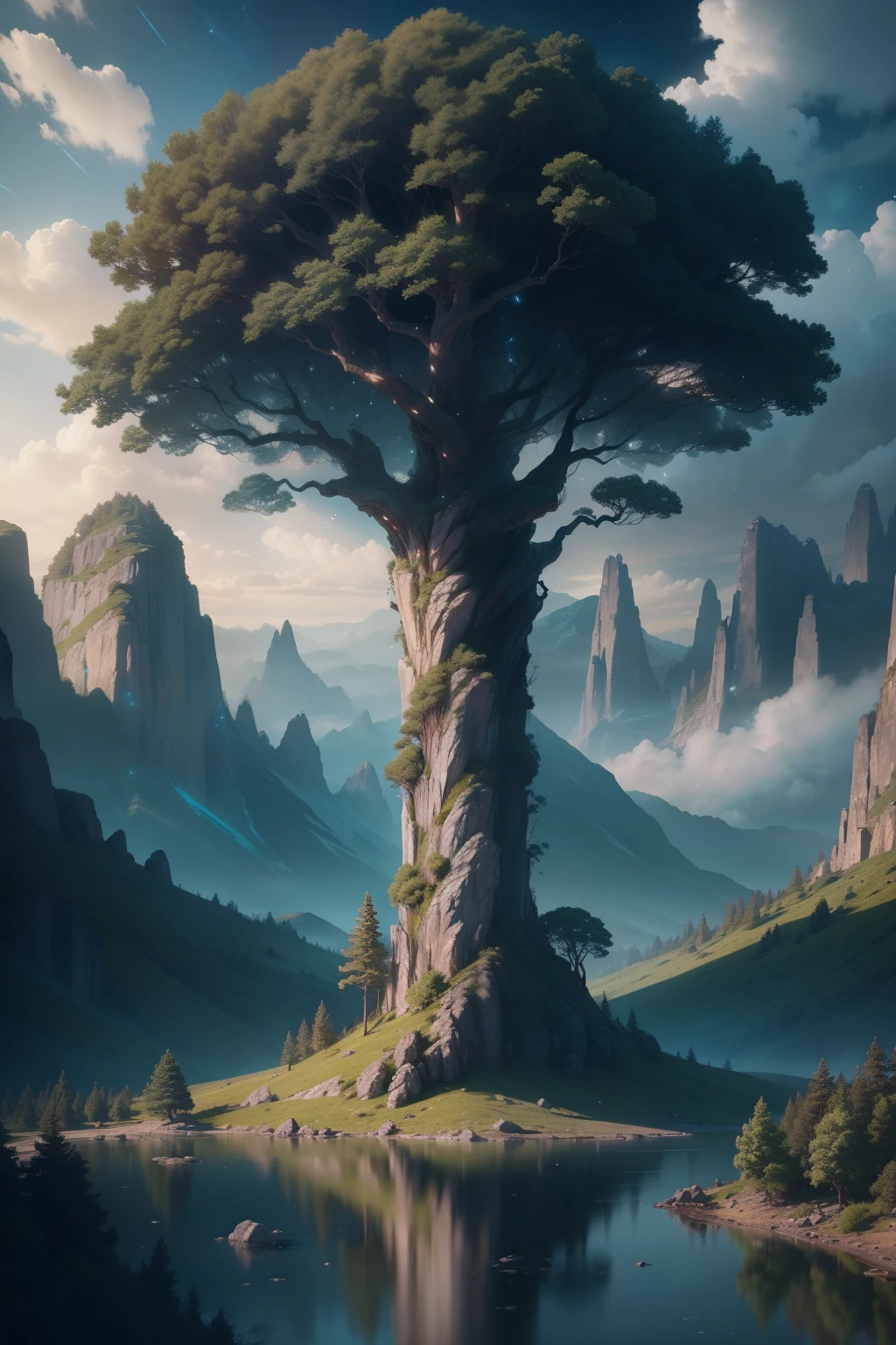 Illustration of a hyperrealistic , otherworldly, ultrasky scene featuring a giant crystal tree full body,very detailed and magical lighting, intricate forest details, vegetation and river around, solarpunk ,landscape, giant tree, beatifull leafy with beautiful lighting and realistic proportions, as if it were a cinematic background, 8k, highest quality, masterpiece, clouds and stars in the sky.