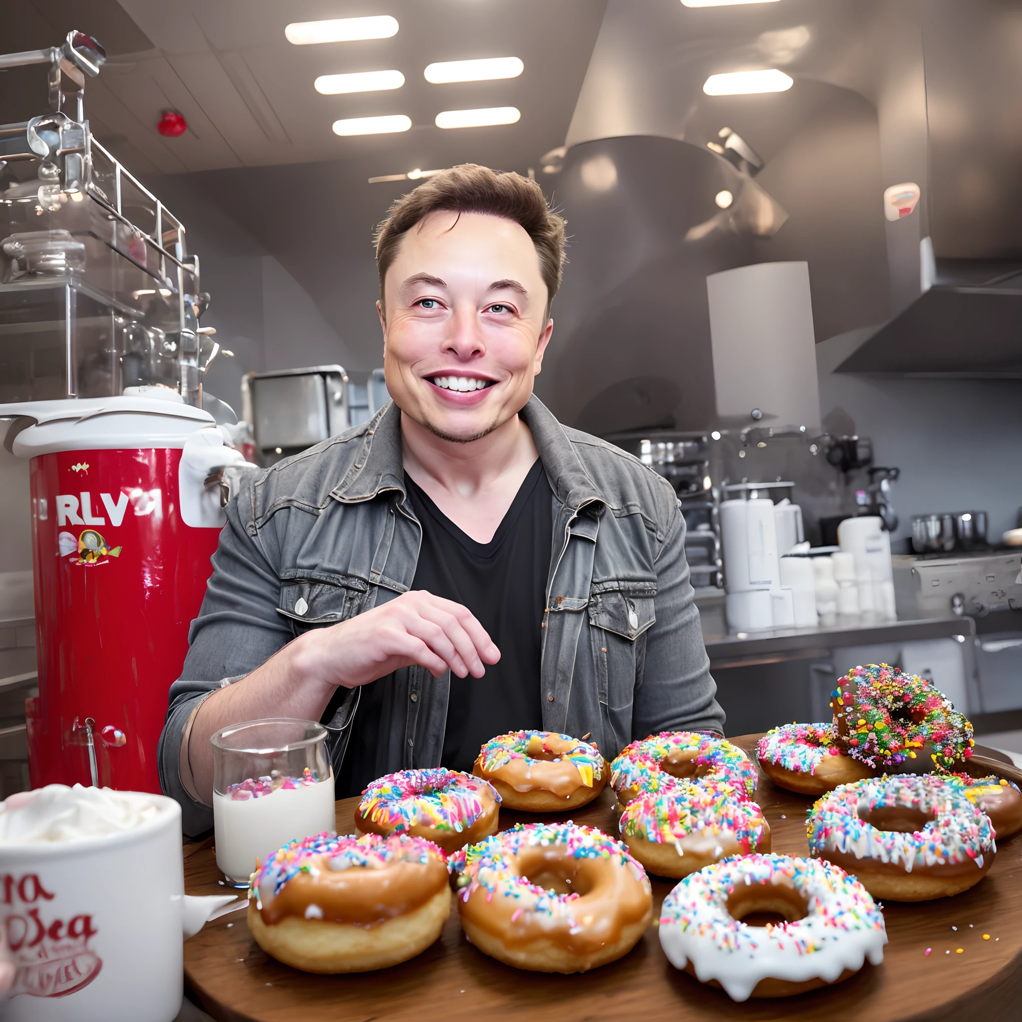 Realistic images 
Elon Musk - ruler of the doughnut kingdom, master of the glazed and powdered, lover of all things baked and sweet. With his doughnut-covered throne and ever-present grin, he surveys his kingdom with a sugar-coated gaze. With a flick of his wrist, he commands the sprinkles to dance and the jelly to flow. He is the bringer of breakfast delights, the slayer of empty stomachs, and the true king of doughnuts.